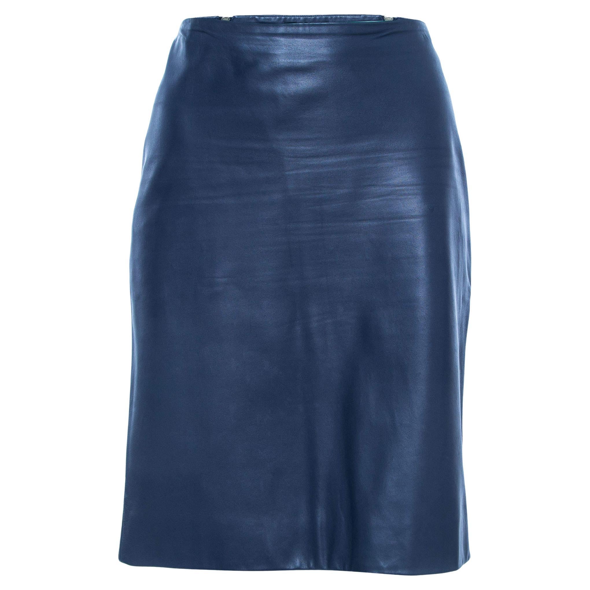 The Row Navy Blue Leather Zip Detail Short Skirt M