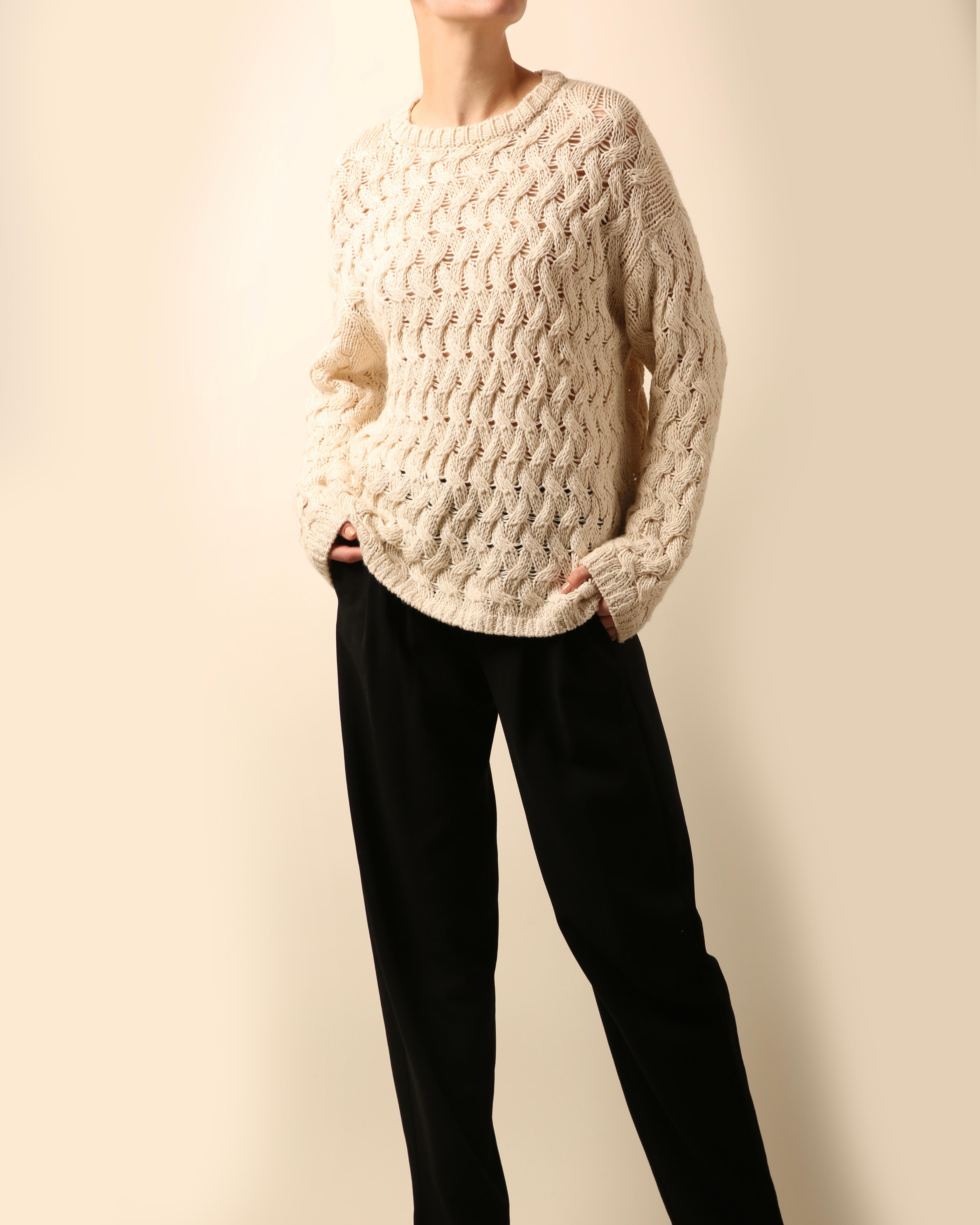 The Row oversized ecru cream chunky loose knit knitted cashmere silk sweater S 1