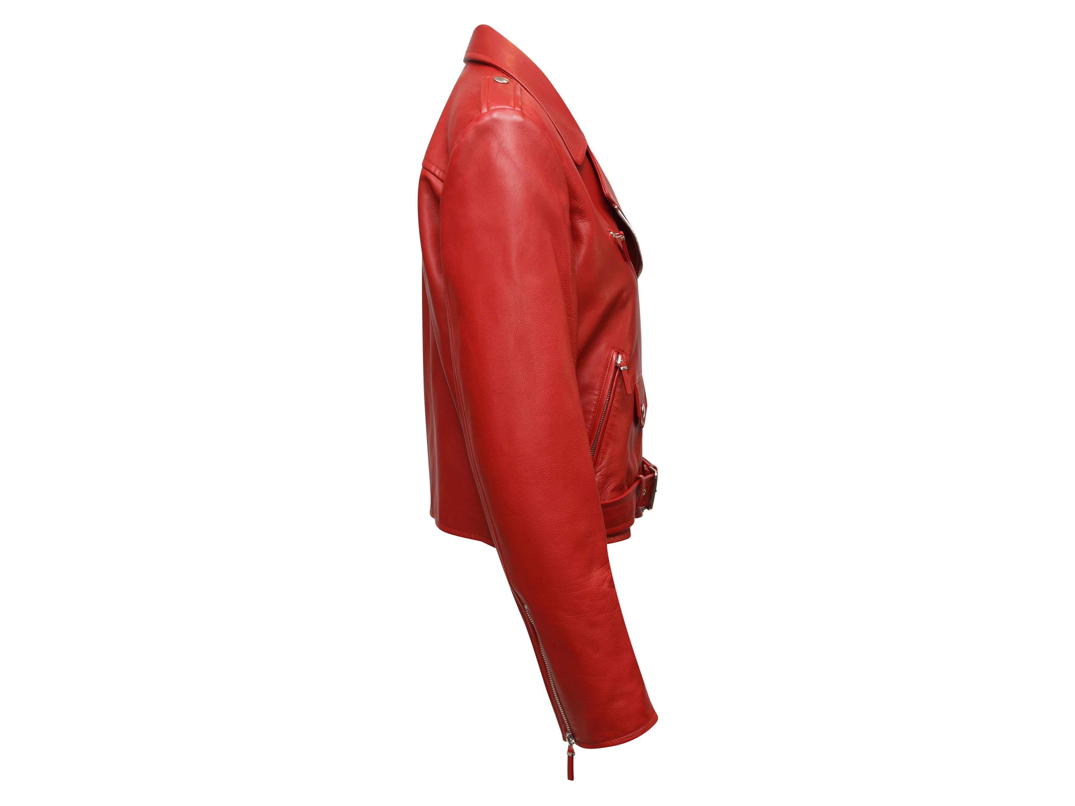 Product details: Red leather moto jacket by The Row. Silver-tone hardware. Zip closure at front. 36