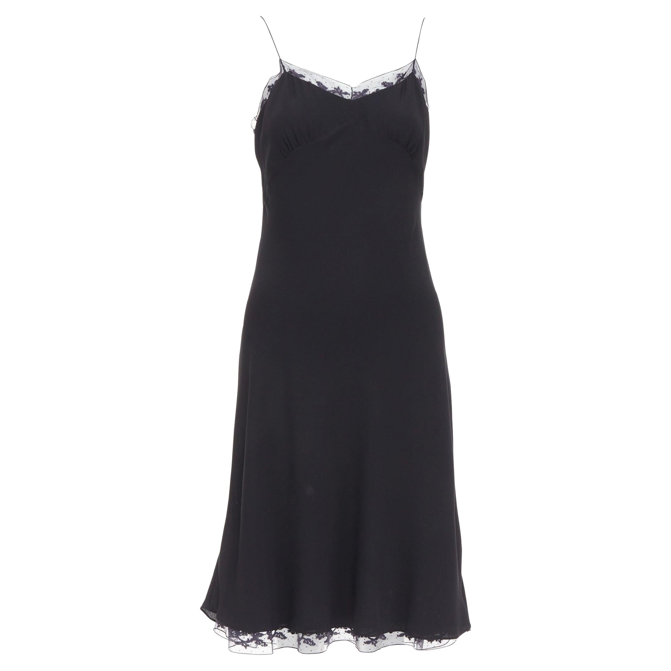 THE ROW Santi 100% silk crepe black fluid lace trim knee length slip dress US2 S