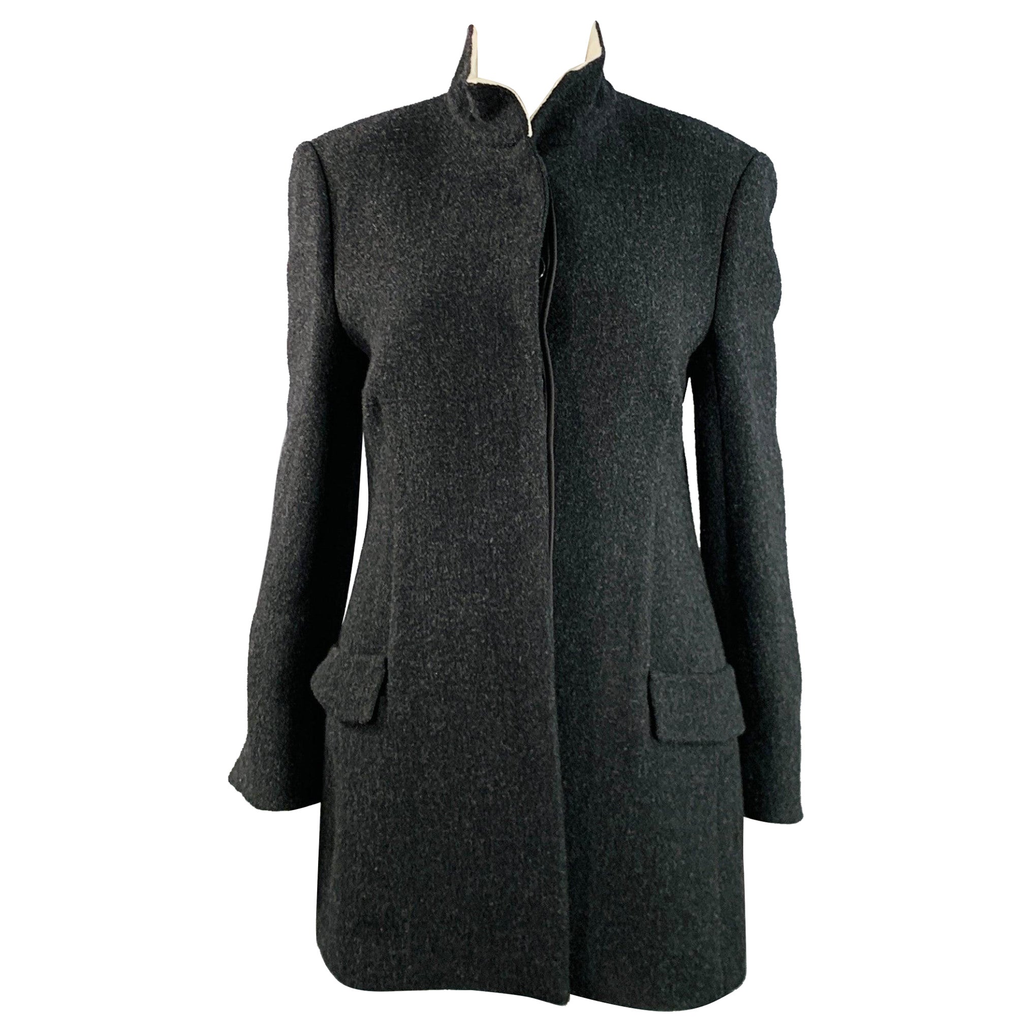 THE ROW Size 4 Aimon Black Charcoal Wool Paper Nehru Collar Hidden Buttons Jacket