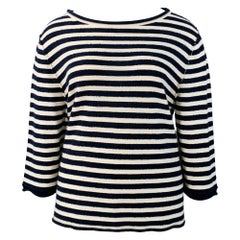 THE ROW Size L Navy White Cashmere Cotton Silk Blend Terry Reverse Seams Pullover