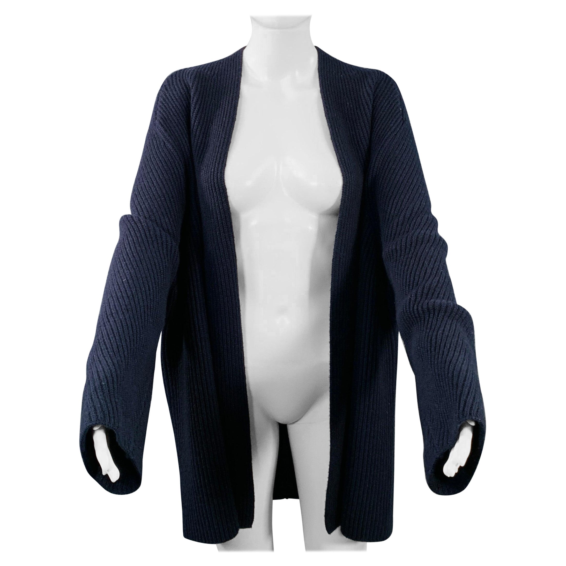 THE ROW Size M Navy Wool Cashmere Ribbed Open Front Cardigan