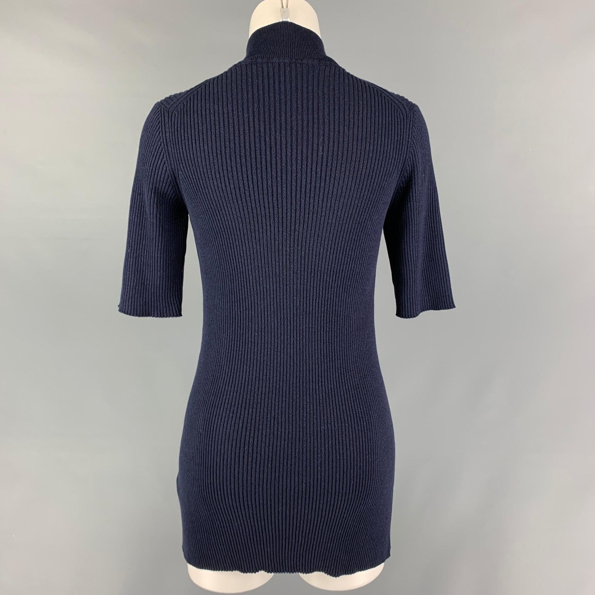 Black THE ROW Size S Navy Silk Cotton Ribbed Short Sleeve Casual Top For Sale