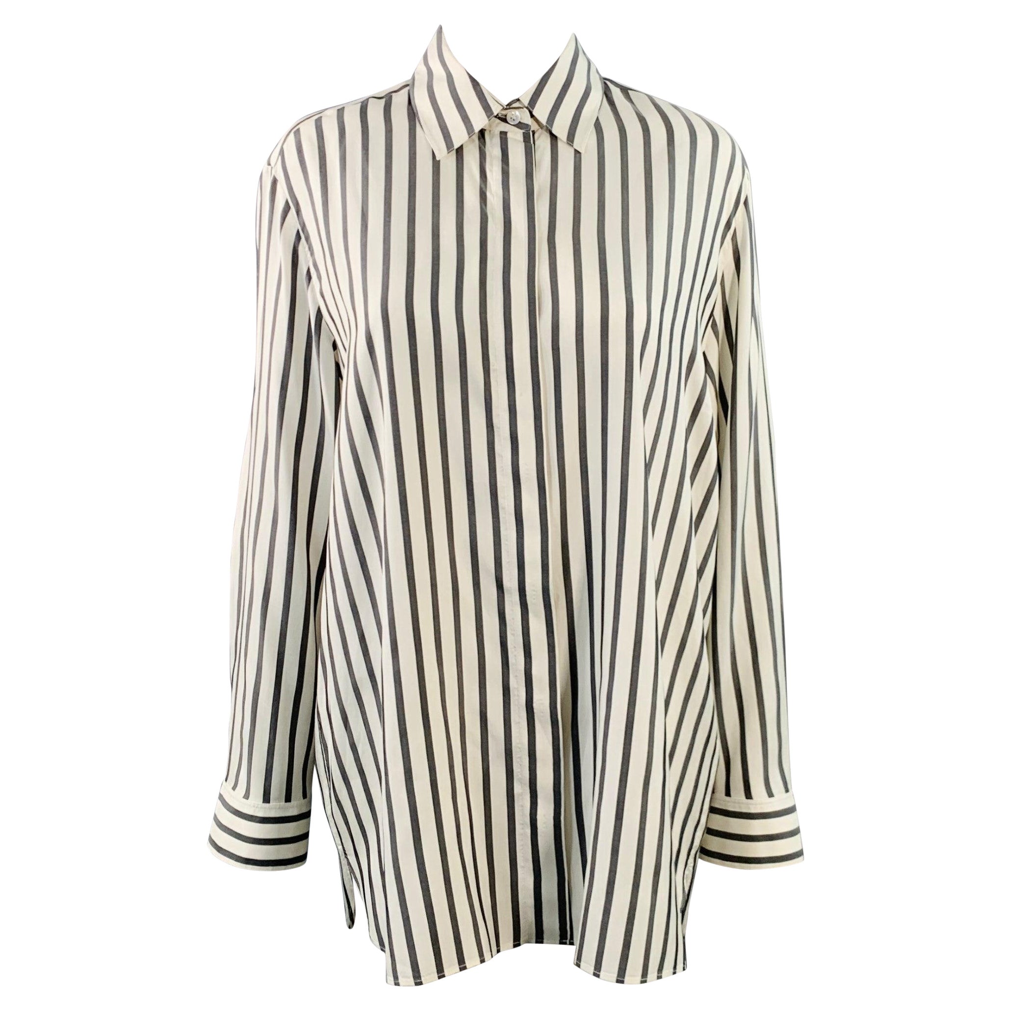 THE ROW Size S White Grey Silk Stripe Hidden Buttons Shirt