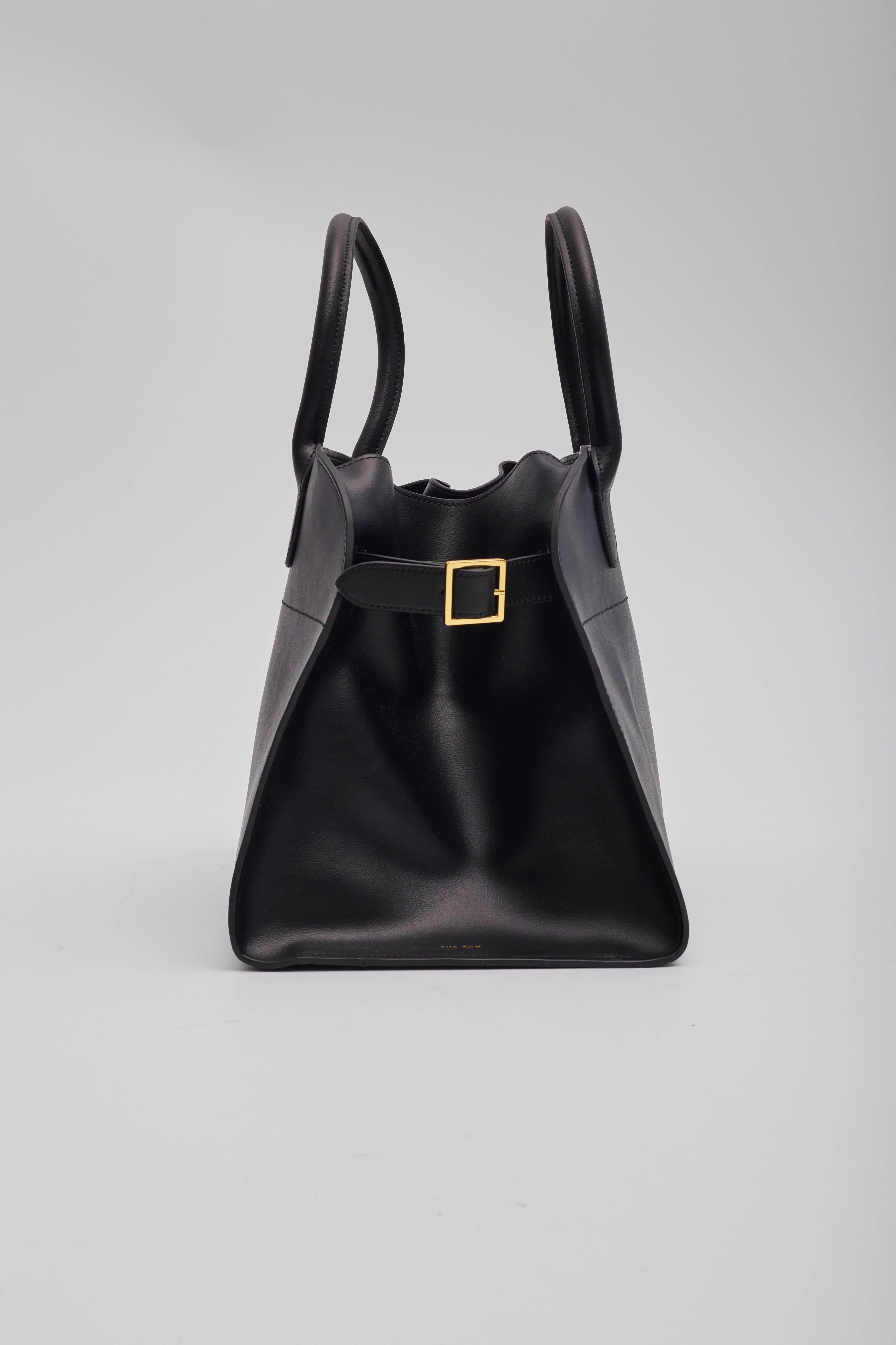 The Row Smooth Black Leather Margaux 15 Tote Bag In Excellent Condition In Montreal, Quebec