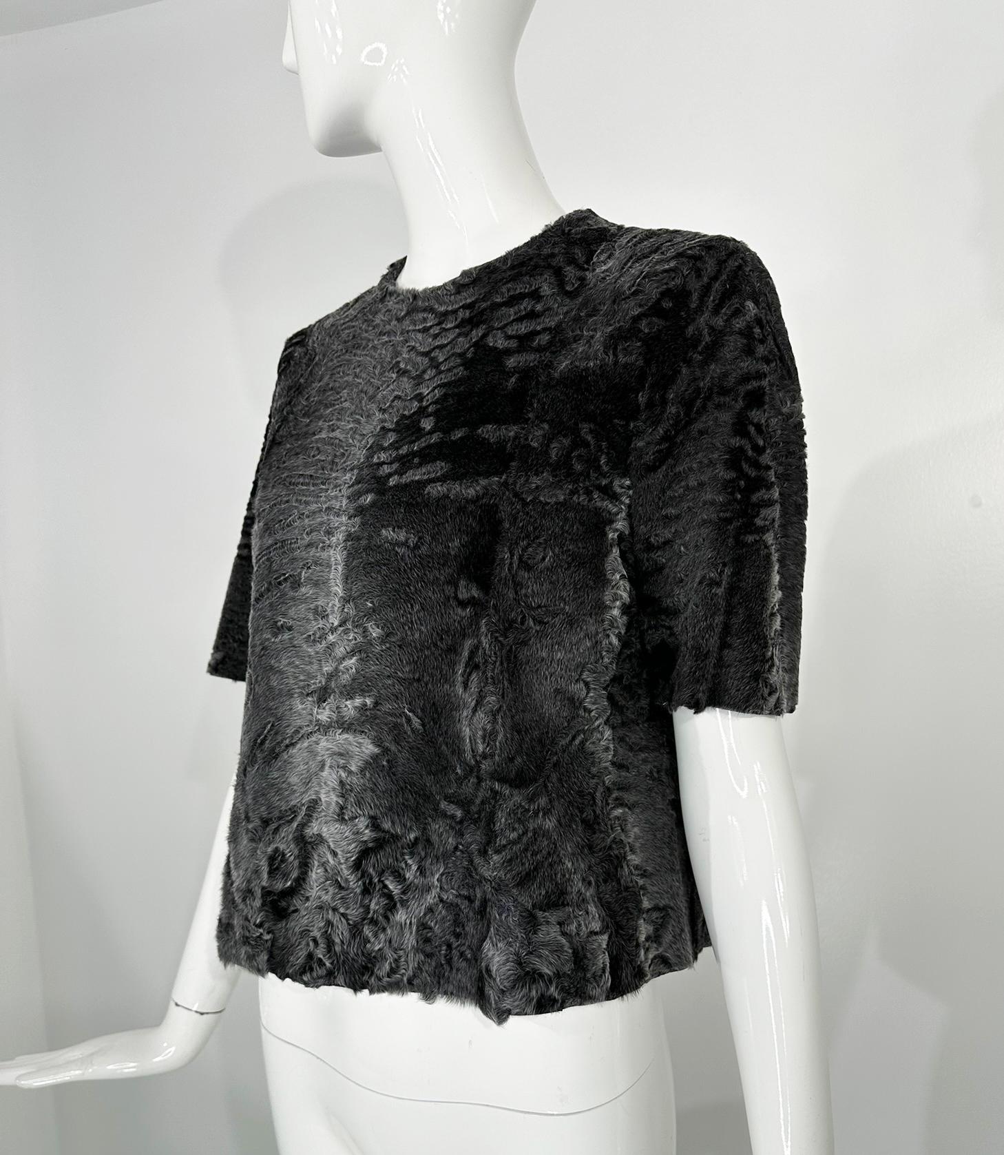 The Row Telleck Top Grey Persian Lamb Short Sleeve Pull On Silk Lined Top 36 im Angebot 8