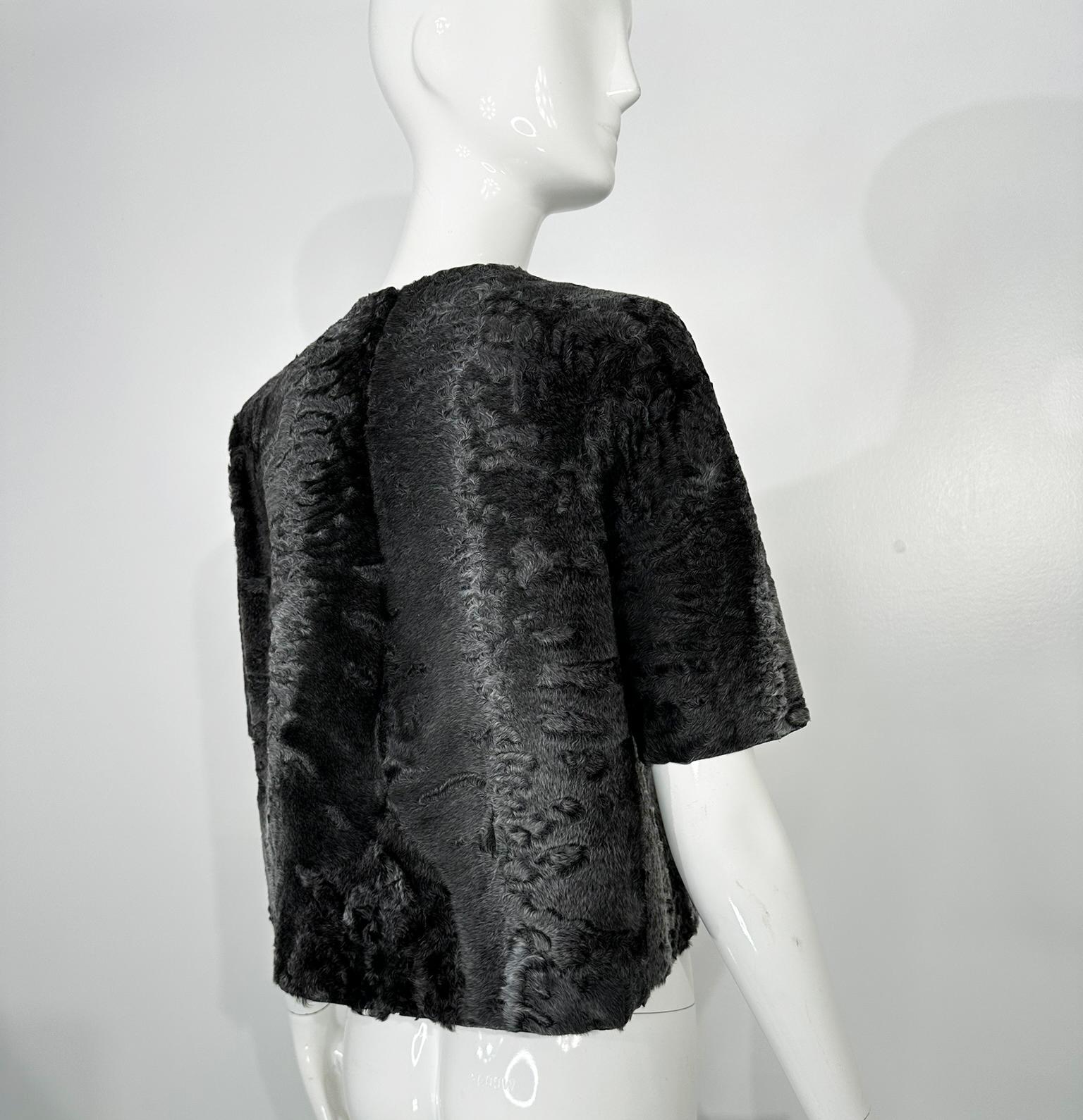 The Row Telleck Top Grey Persian Lamb Short Sleeve Pull On Silk Lined Top 36 im Angebot 1