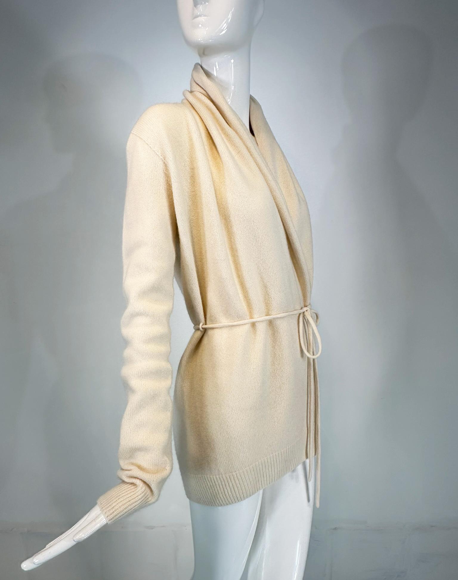 The Row White Cashmere Shawl Collar Belted Wrap Sweater For Sale 8