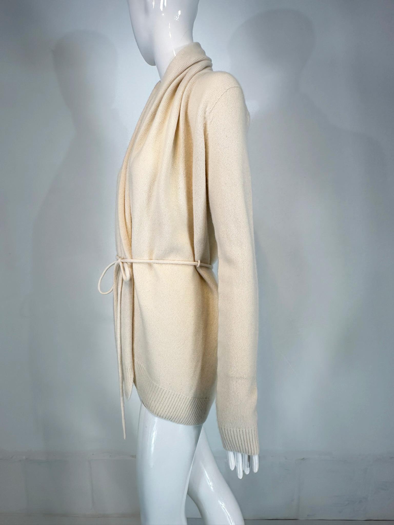 The Row White Cashmere Shawl Collar Belted Wrap Sweater In Good Condition For Sale In West Palm Beach, FL