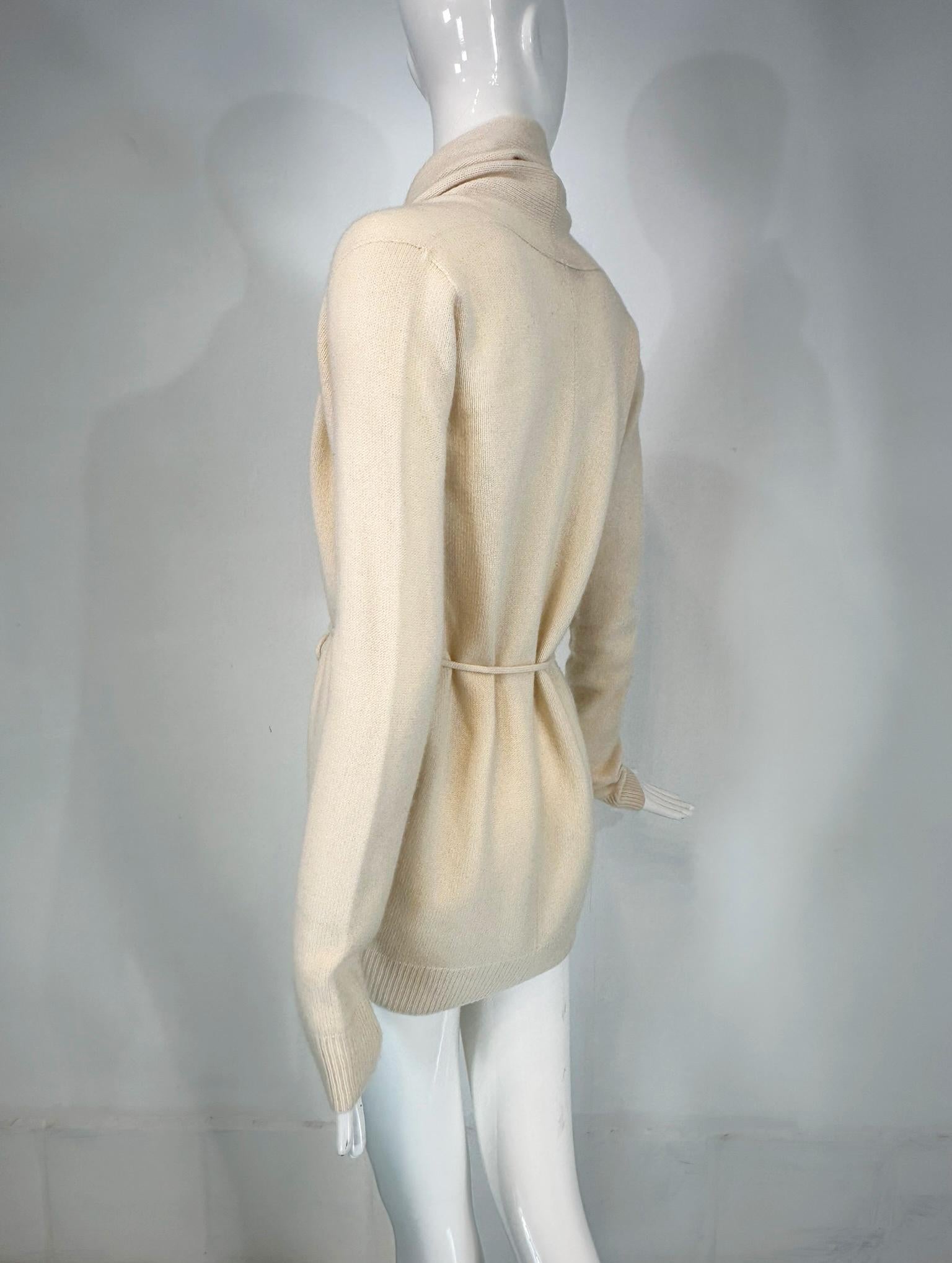 The Row White Cashmere Shawl Collar Belted Wrap Sweater For Sale 1