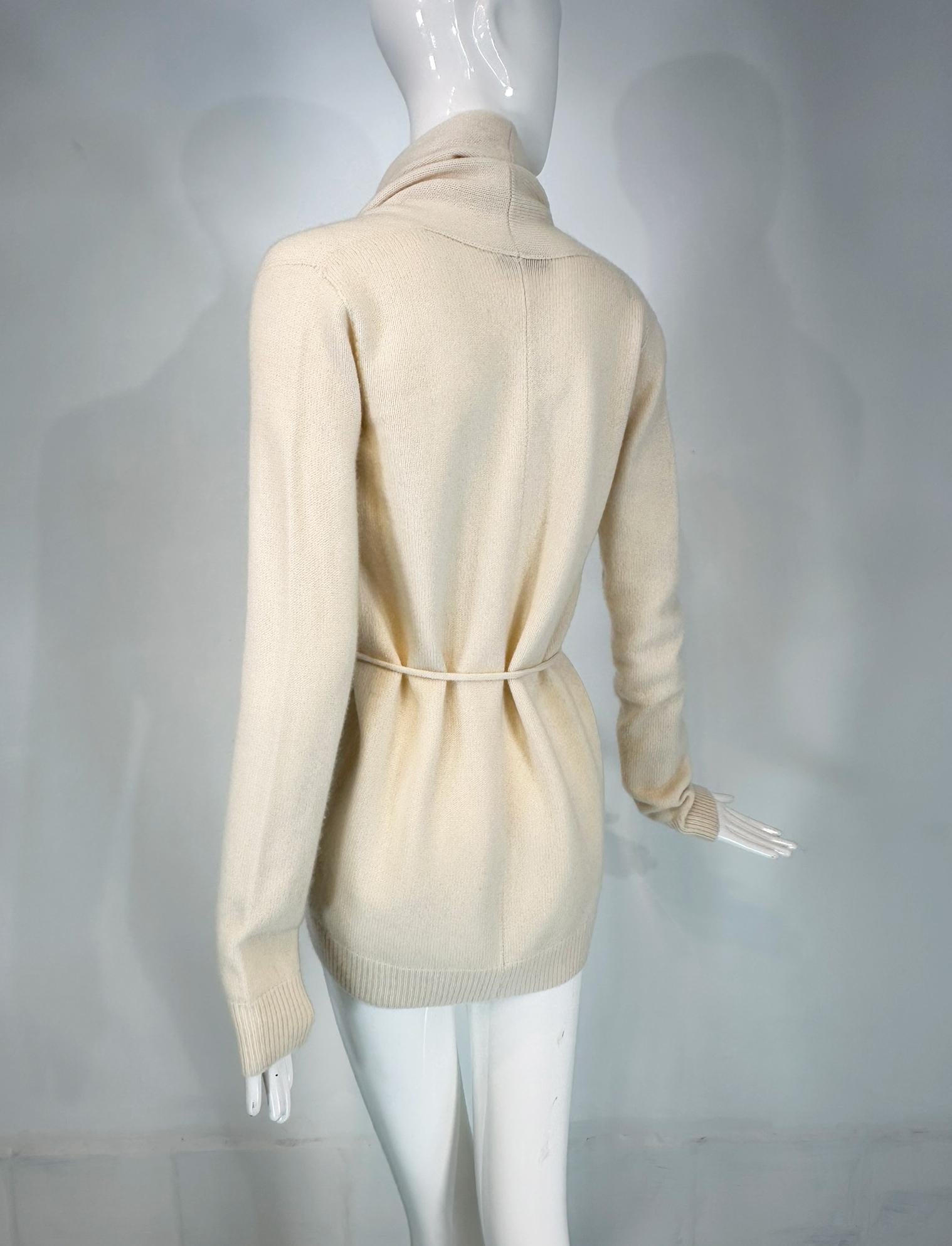The Row White Cashmere Shawl Collar Belted Wrap Sweater For Sale 2