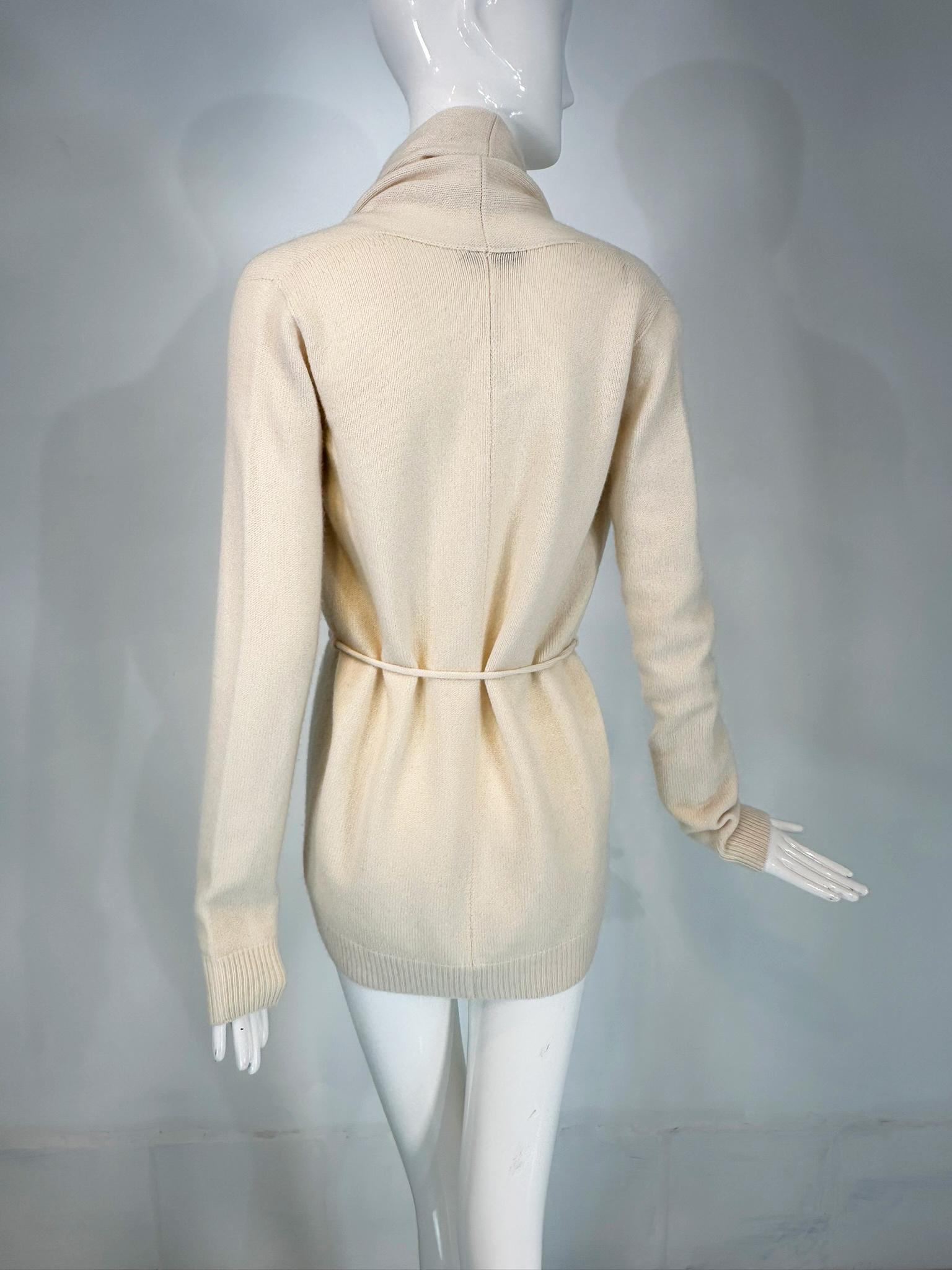 The Row White Cashmere Shawl Collar Belted Wrap Sweater For Sale 3