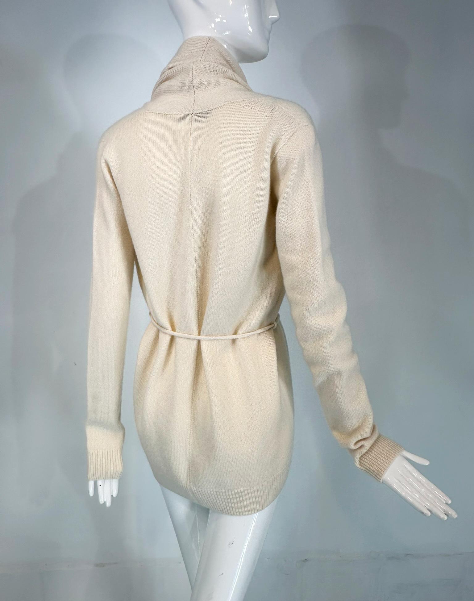 The Row White Cashmere Shawl Collar Belted Wrap Sweater For Sale 4