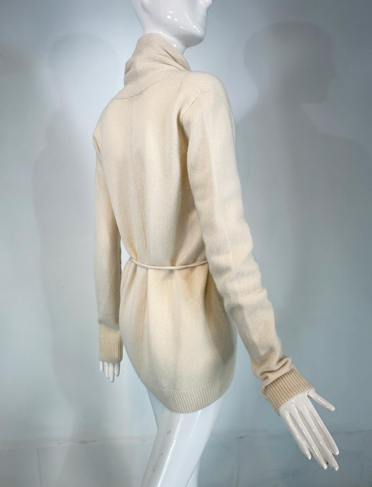 The Row White Cashmere Shawl Collar Belted Wrap Sweater For Sale 5