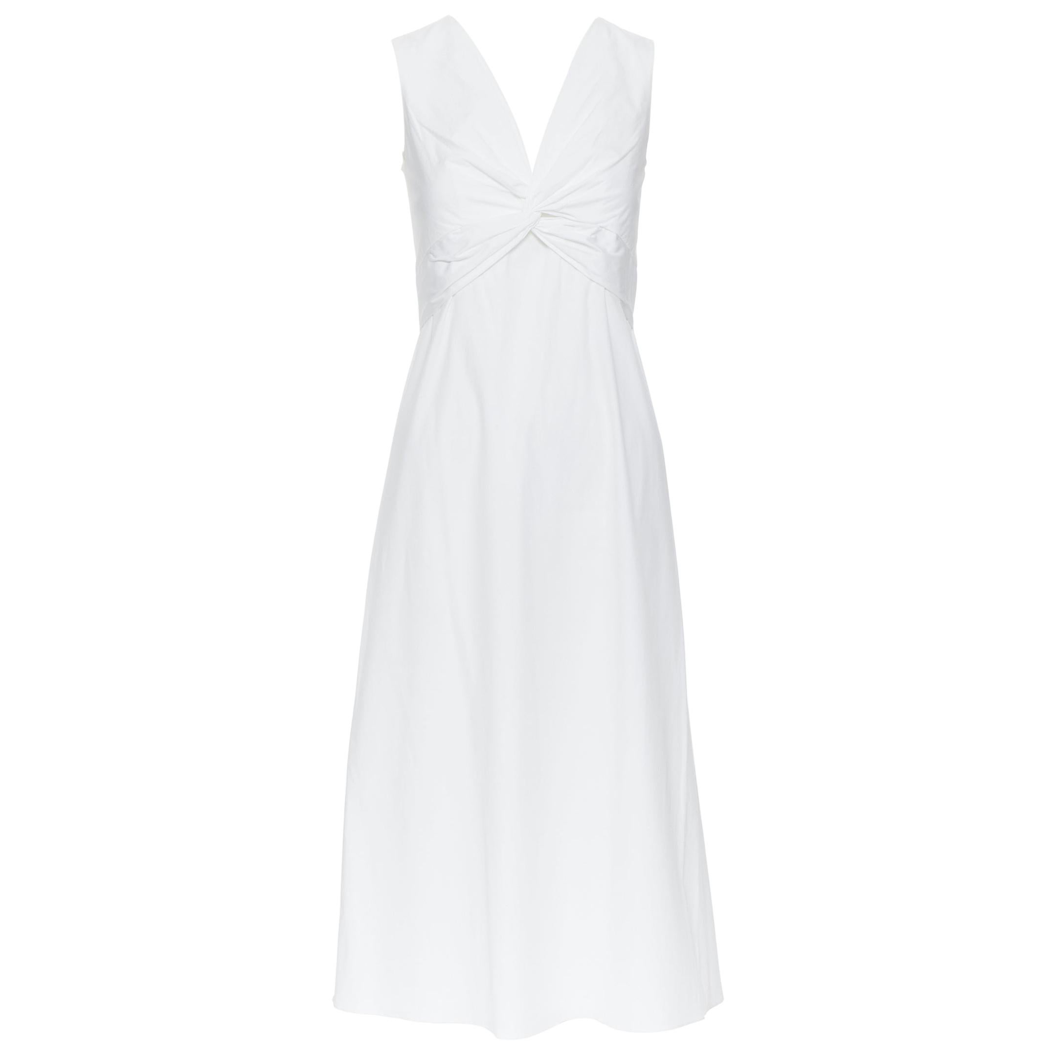 THE ROW white cotton blend draped knot bust V-neck minimal maxi dress US0