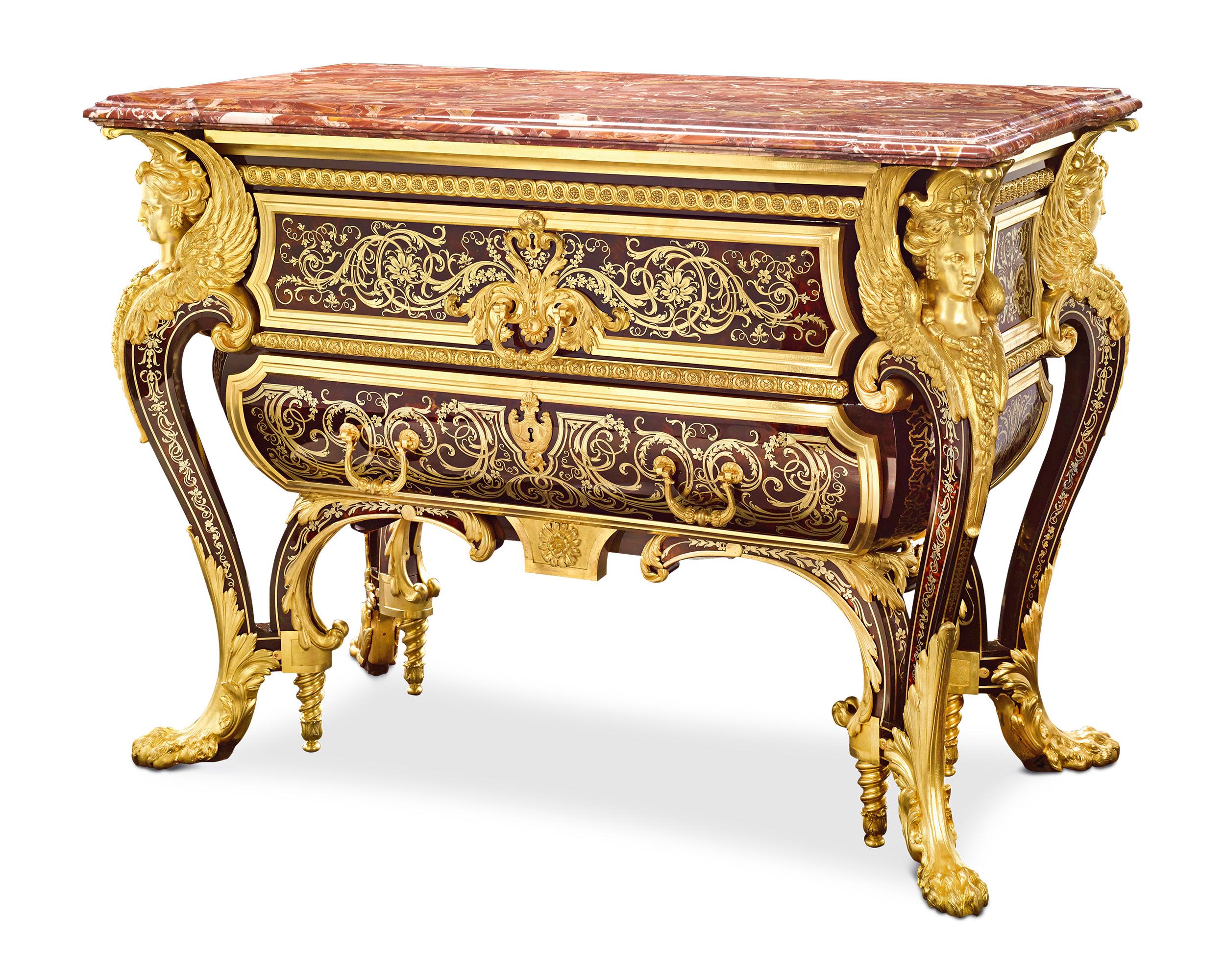 This monumental Boulle commode was crafted by Robert Blake, one of the finest and most important English cabinetmakers of his time. It is modeled after the legendary pair of commodes made for France’s King Louis XIV by master ébéniste André-Charles