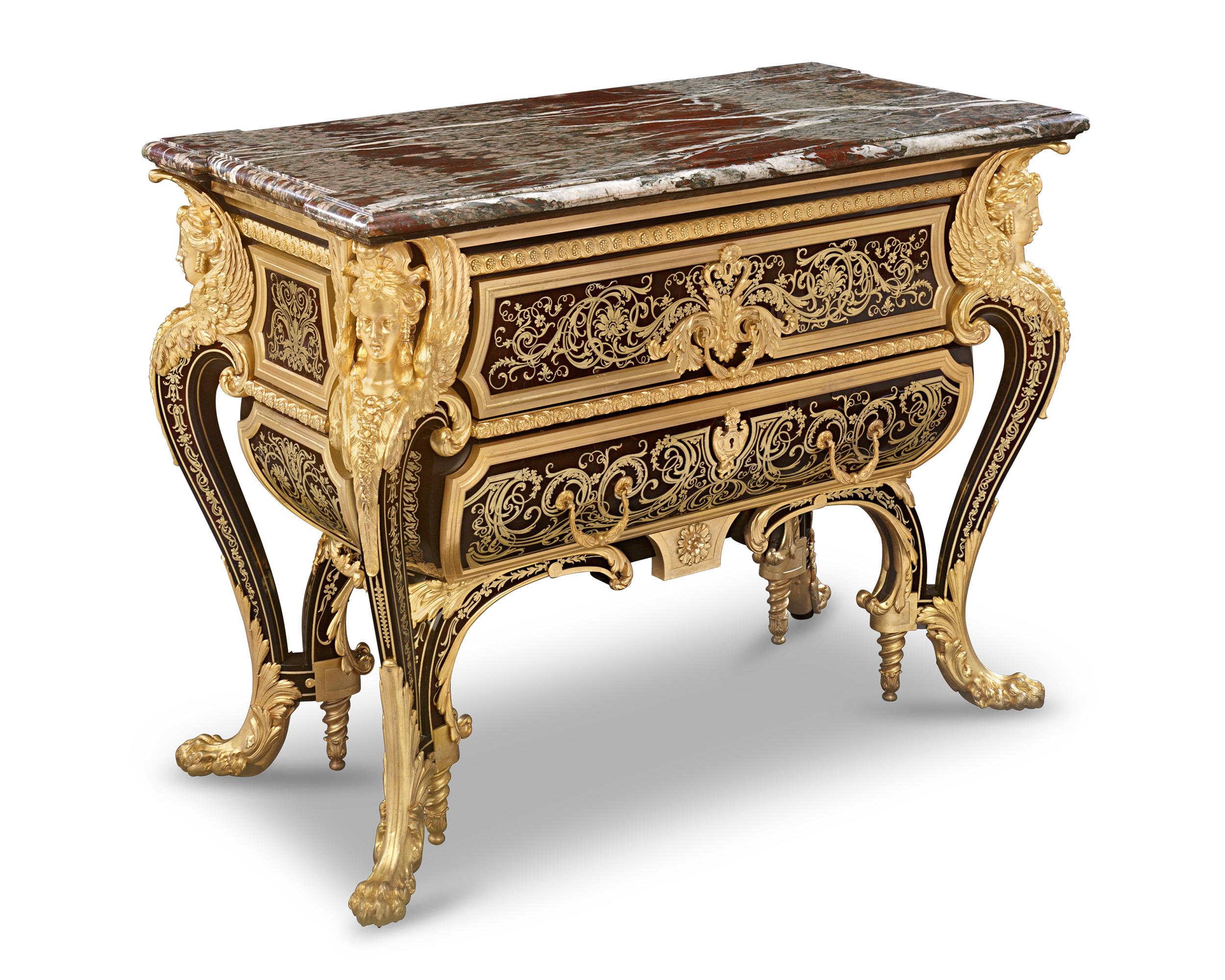 This monumental Boulle commode was crafted by Robert Blake, one of the finest and most important English cabinetmakers of his time. It is modeled after the legendary pair of commodes made for France’s King Louis XIV by master ébéniste André-Charles