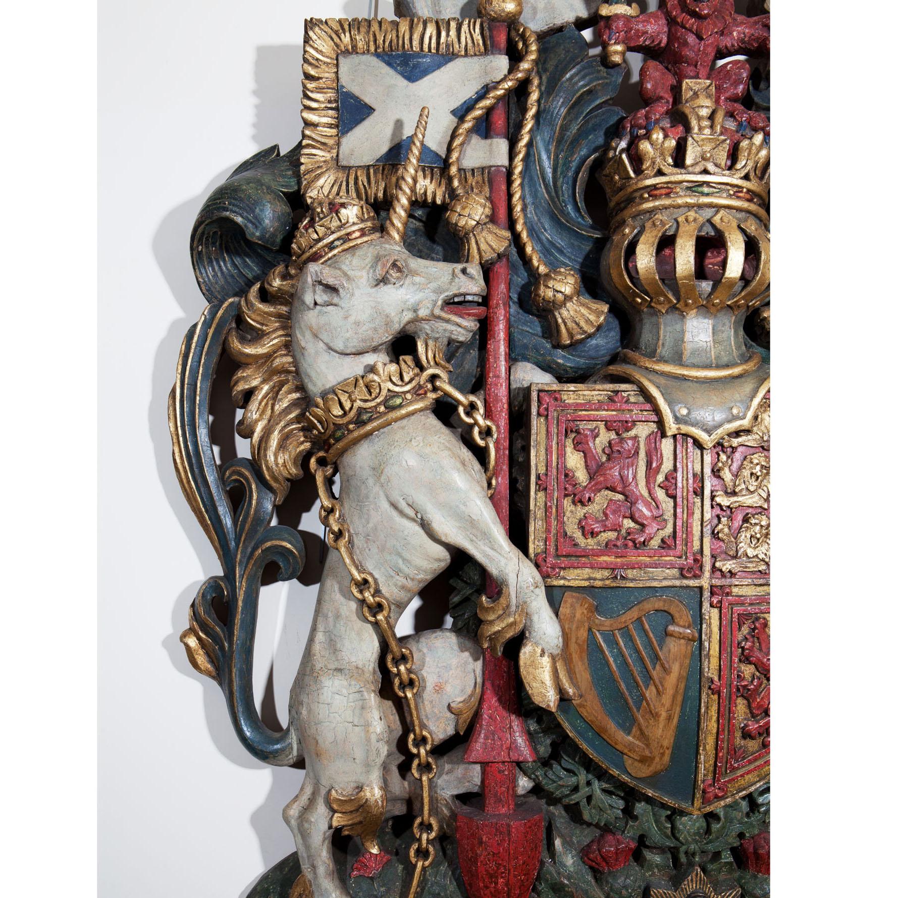 The Royal Coat of Arms of the United Kingdom as used in Scotland after Queen Victoria’s accession in 1837. And a very fine example of high quality and spirited carving, with both the Lion of England and the proud Scots unicorn showing tremendous