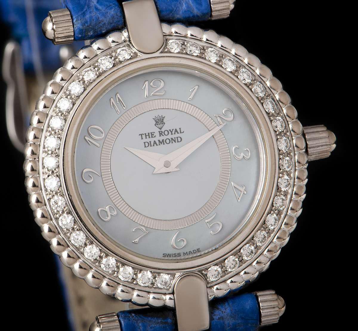 Round Cut The Royal Diamond Ladies White Gold Blue Mother of Pearl Dial Quartz Wristwatch