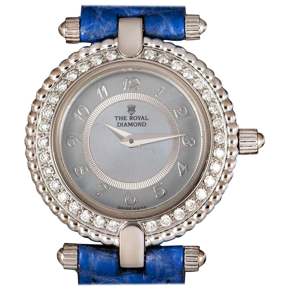 The Royal Diamond Ladies White Gold Blue Mother of Pearl Dial Quartz Wristwatch