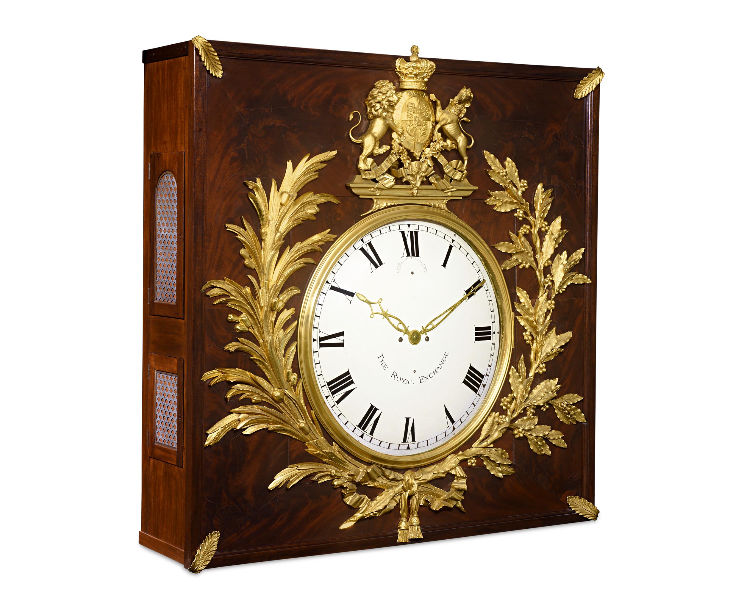 Undoubtedly one of the finest creations of the renowned Brockbank brothers clockmakers, this extraordinary early 19th-century Georgian grand wall clock was crafted for display at the Royal Exchange, London's famed stock trading floor. The grand