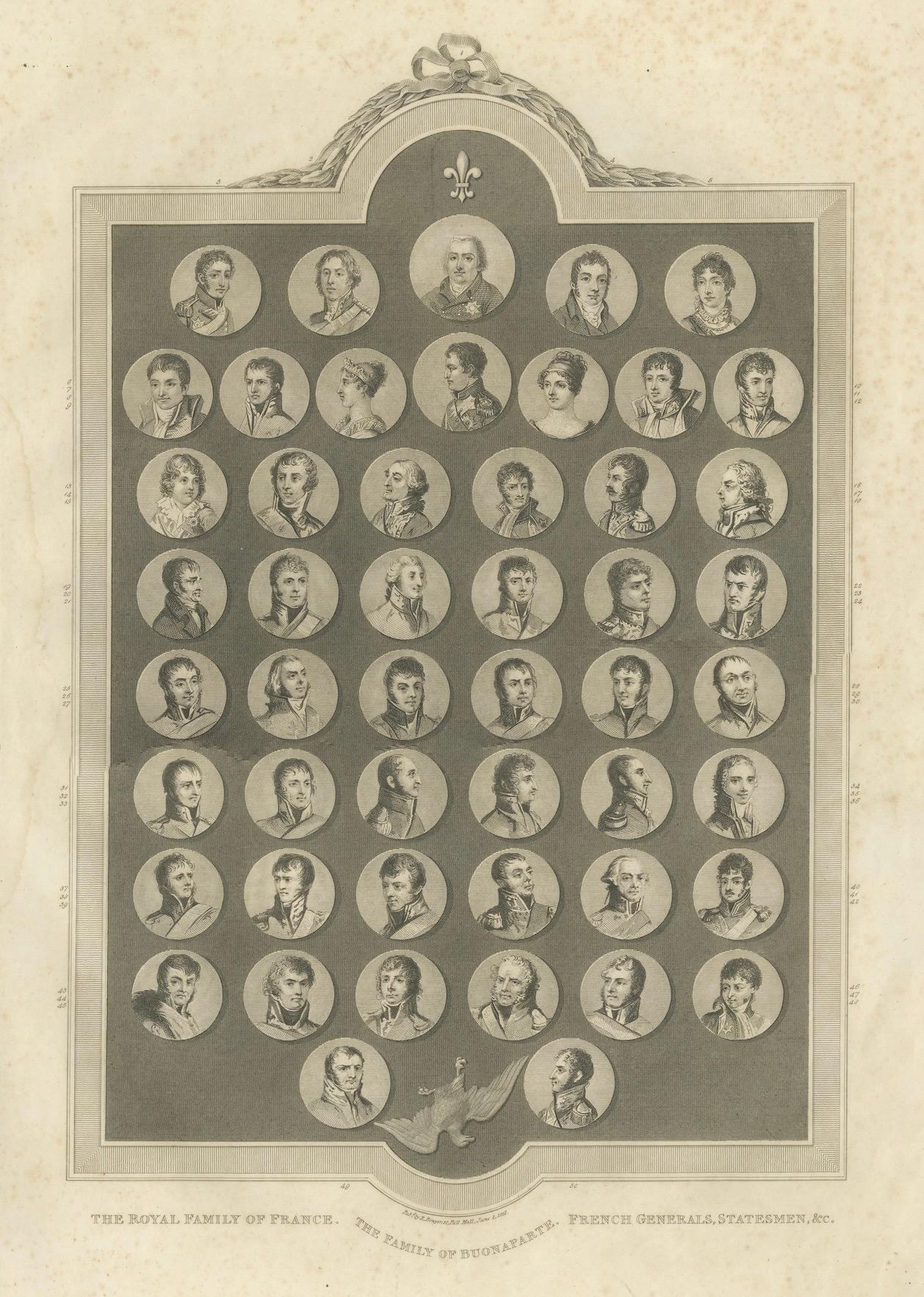 Carta La famiglia reale di Francia, la famiglia Bonaparte e i generali francesi, 1815 in vendita