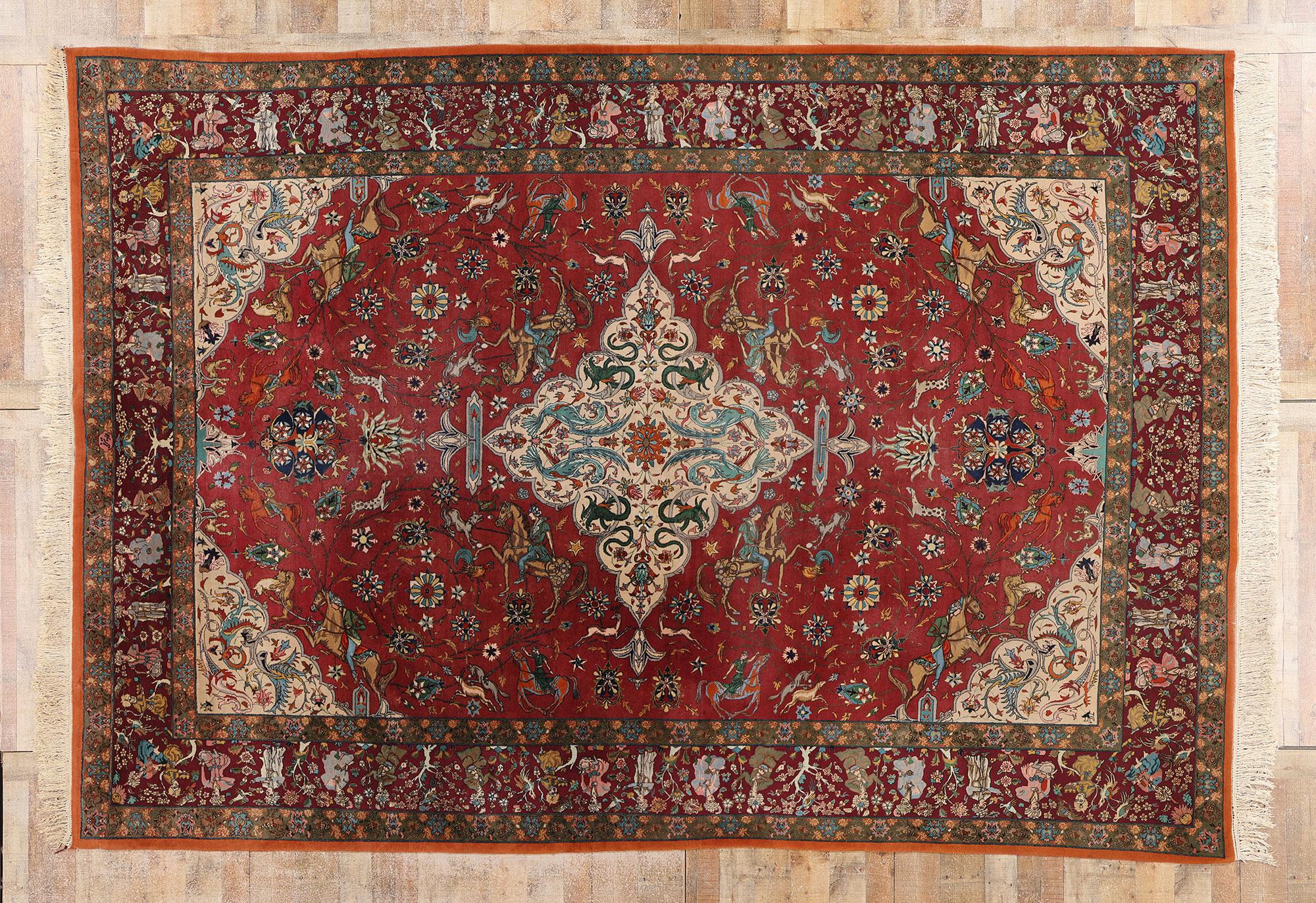 The Royal Pursuit: Rare Signed Vintage Javan Persian Tabriz of Courtly Elegance For Sale 4