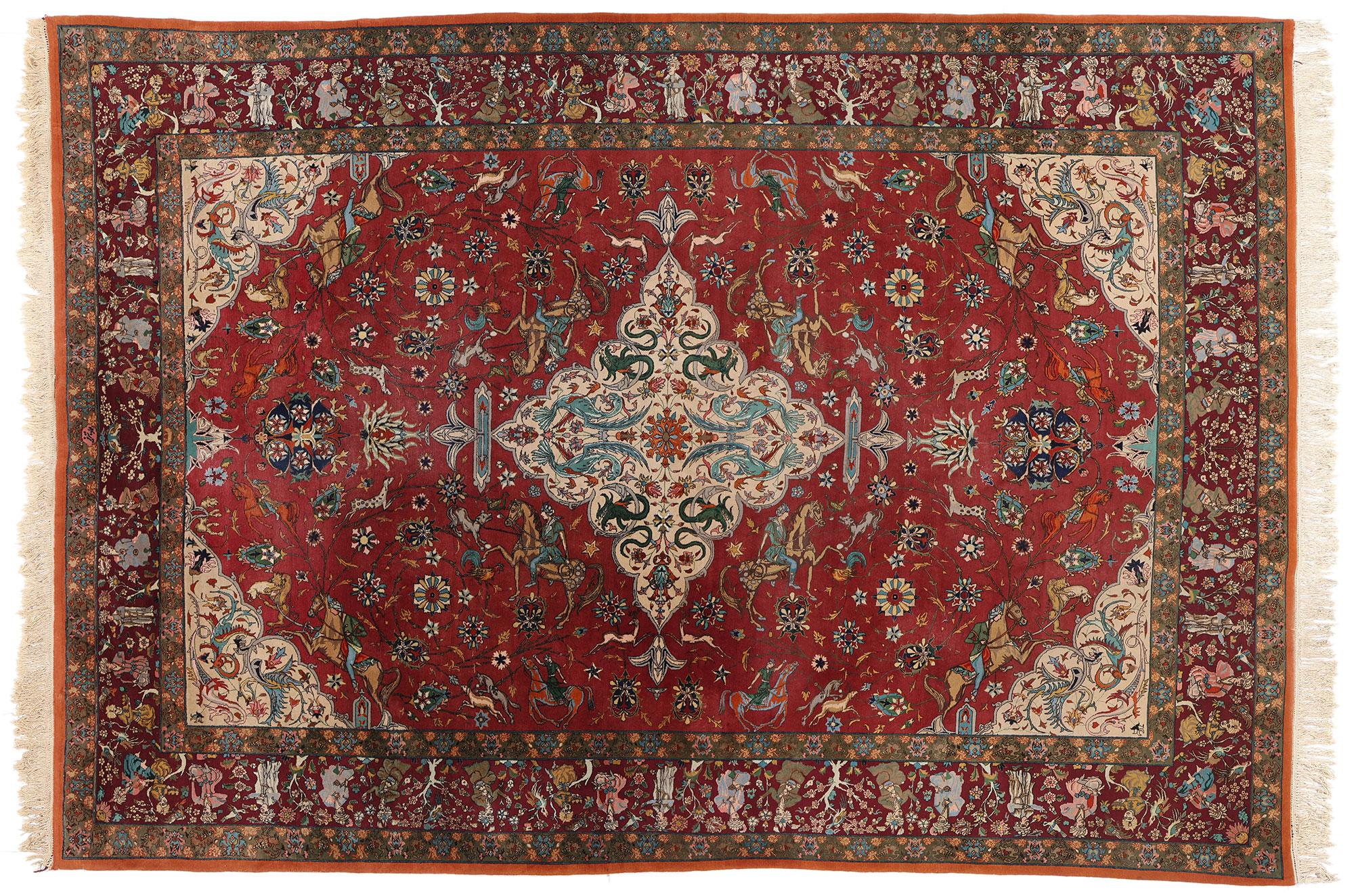 The Royal Pursuit: Rare Signed Vintage Javan Persian Tabriz of Courtly Elegance For Sale 5