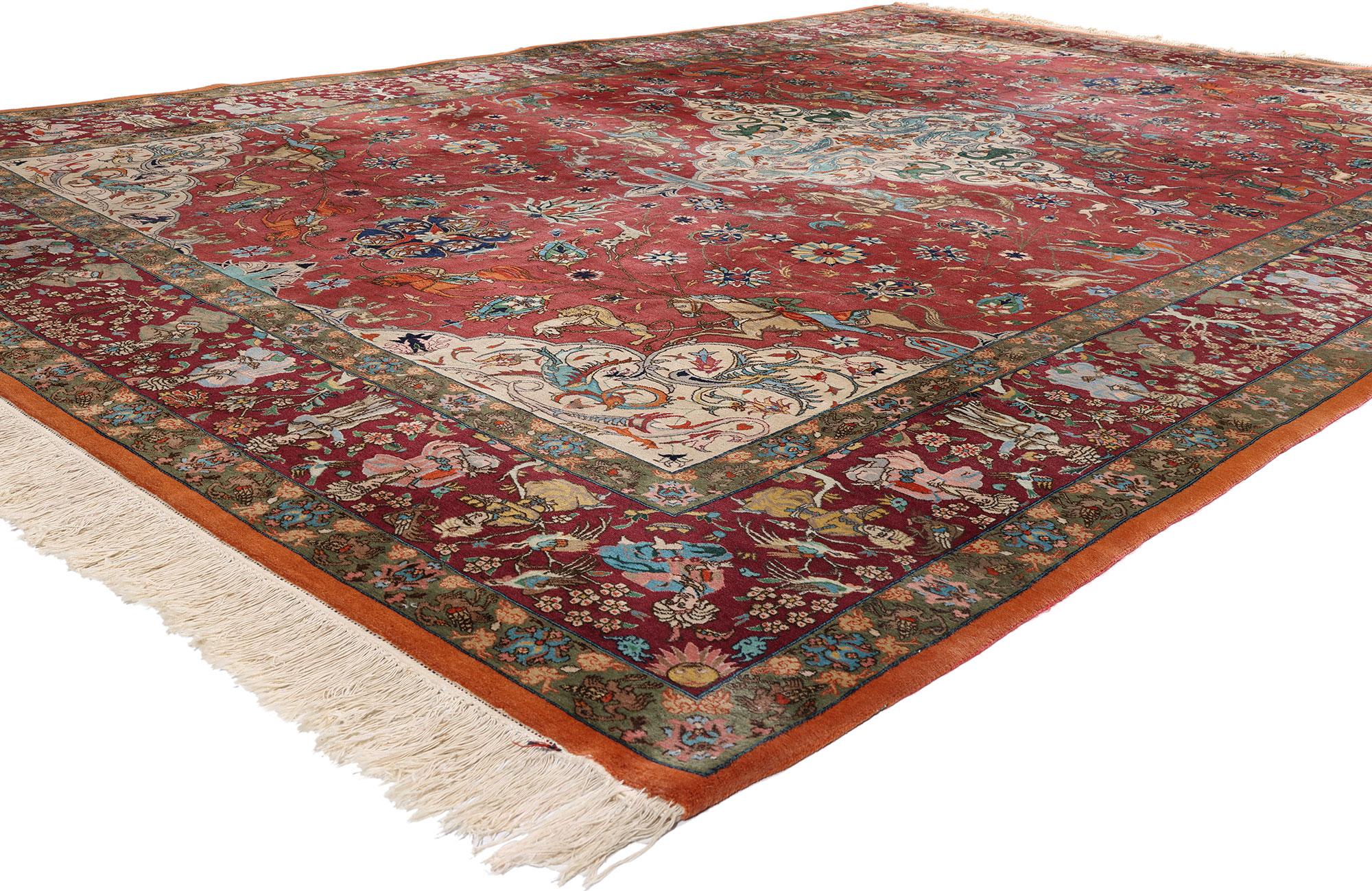 79165 Signed Vintage Red Persian Javan Tabriz Hunting Rug, 09'05 x 13'08. In the grand tradition of Persian artistry, this hand-knotted wool vintage Tabriz hunting rug stands as a triumph of imagination, power, and elegance—an extraordinary weaving
