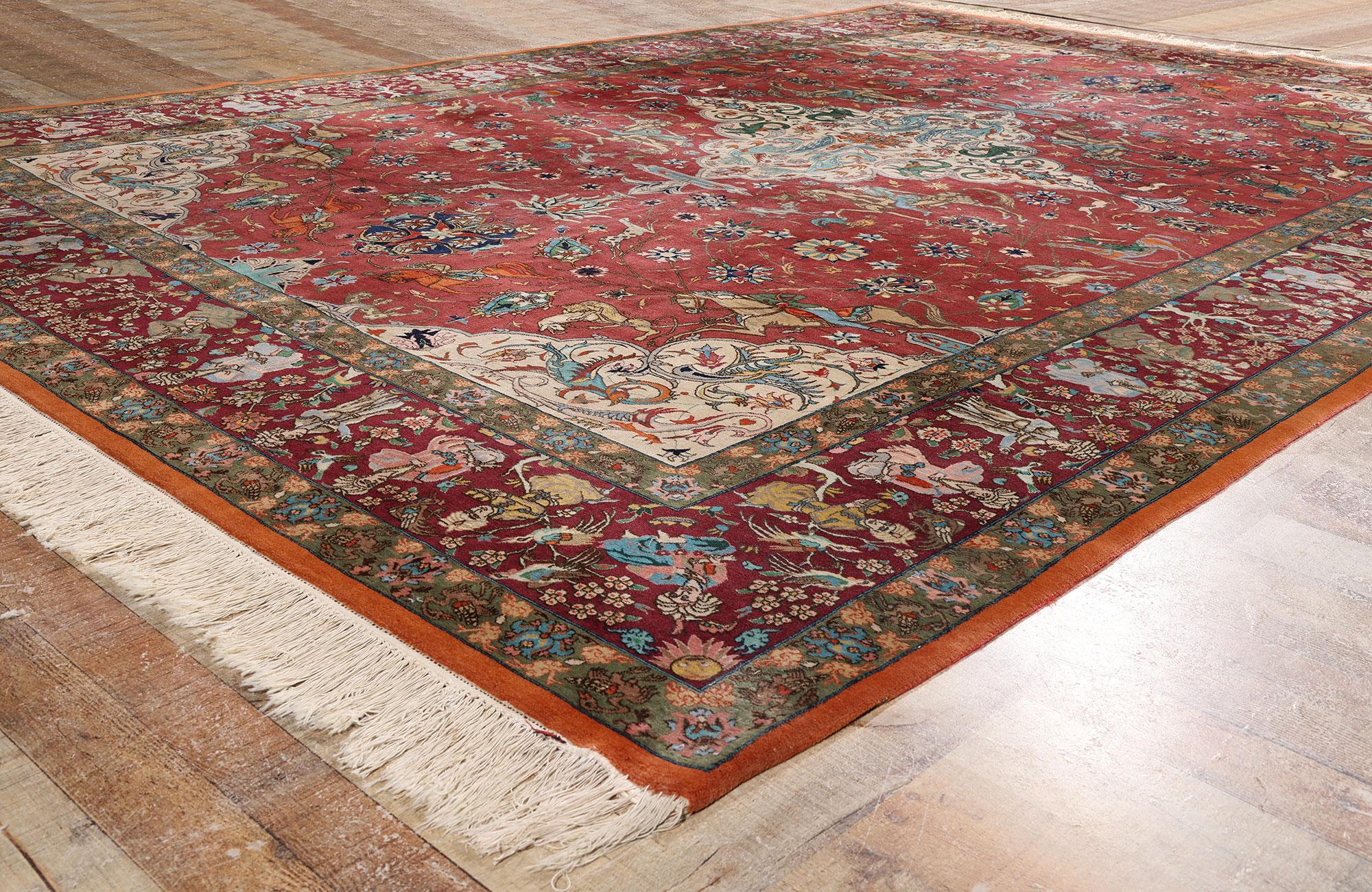 Hand-Knotted The Royal Pursuit: Rare Signed Vintage Javan Persian Tabriz of Courtly Elegance For Sale