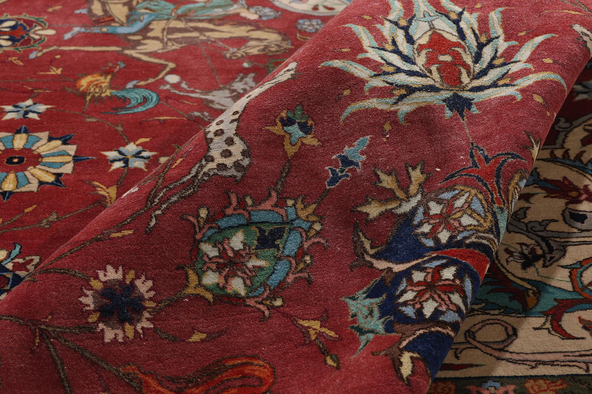 The Royal Pursuit: Rare Signed Vintage Javan Persian Tabriz of Courtly Elegance In Good Condition For Sale In Dallas, TX