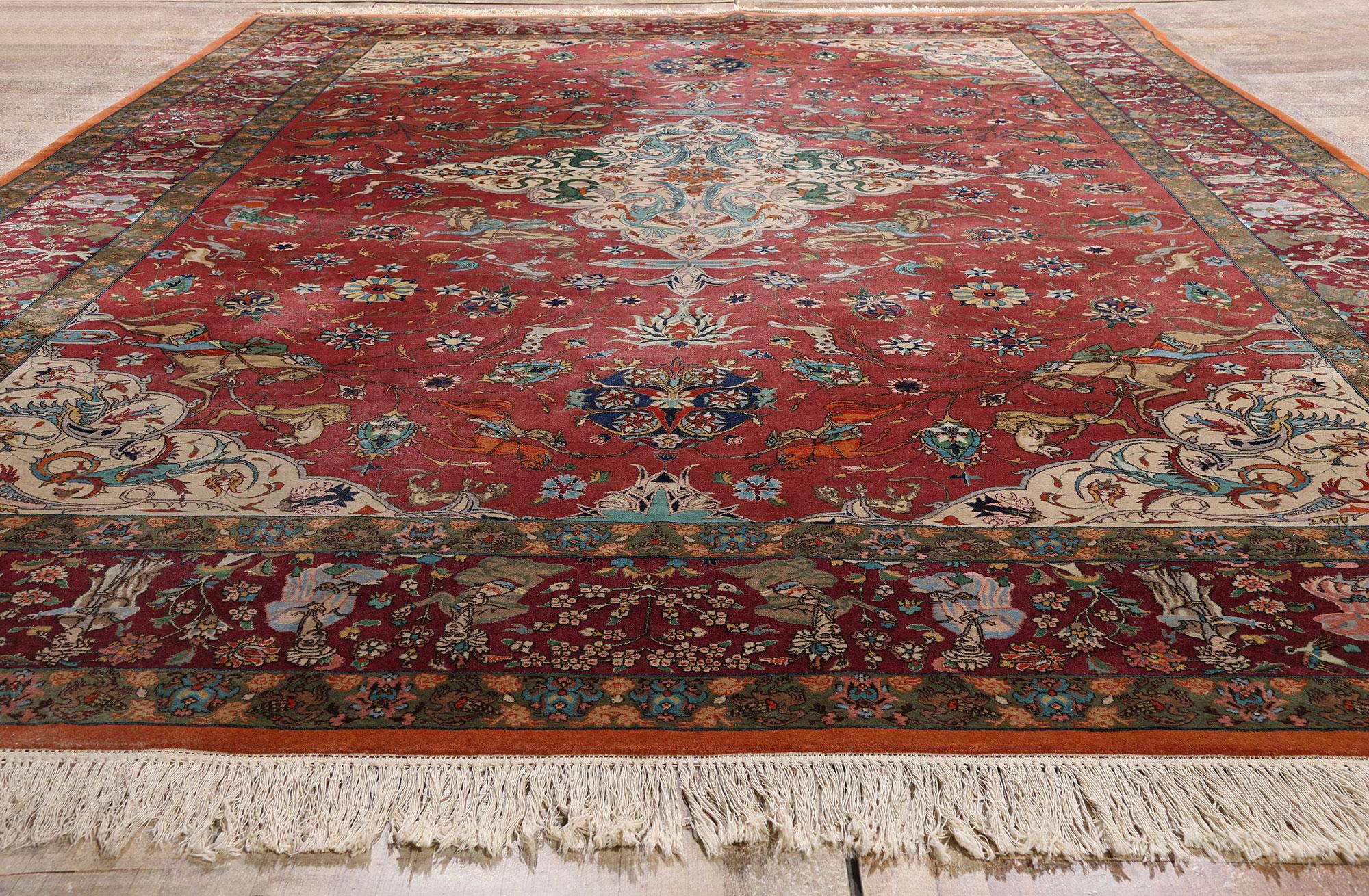 Wool The Royal Pursuit: Rare Signed Vintage Javan Persian Tabriz of Courtly Elegance For Sale