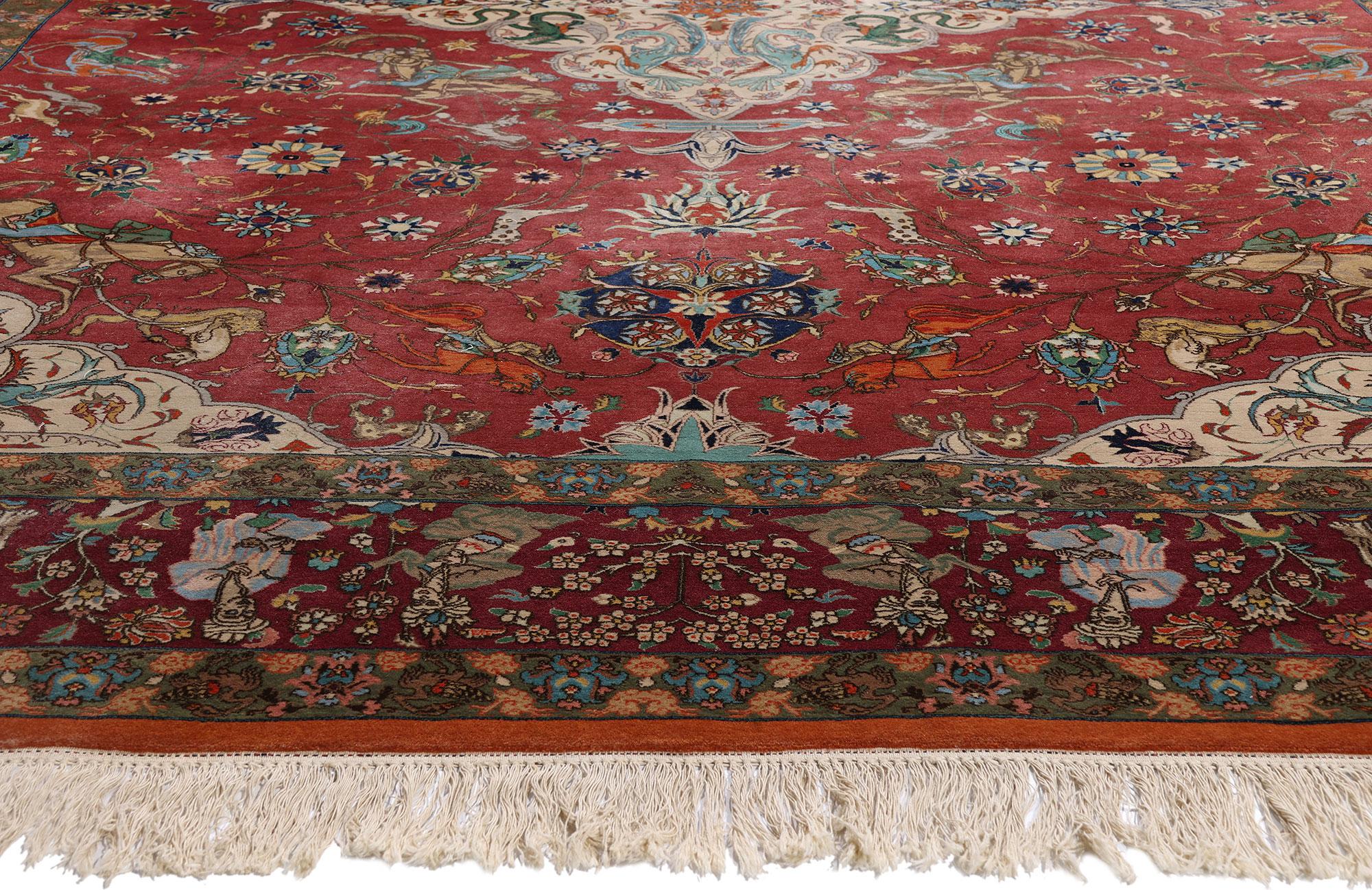 The Royal Pursuit: Rare Signed Vintage Javan Persian Tabriz of Courtly Elegance For Sale 1