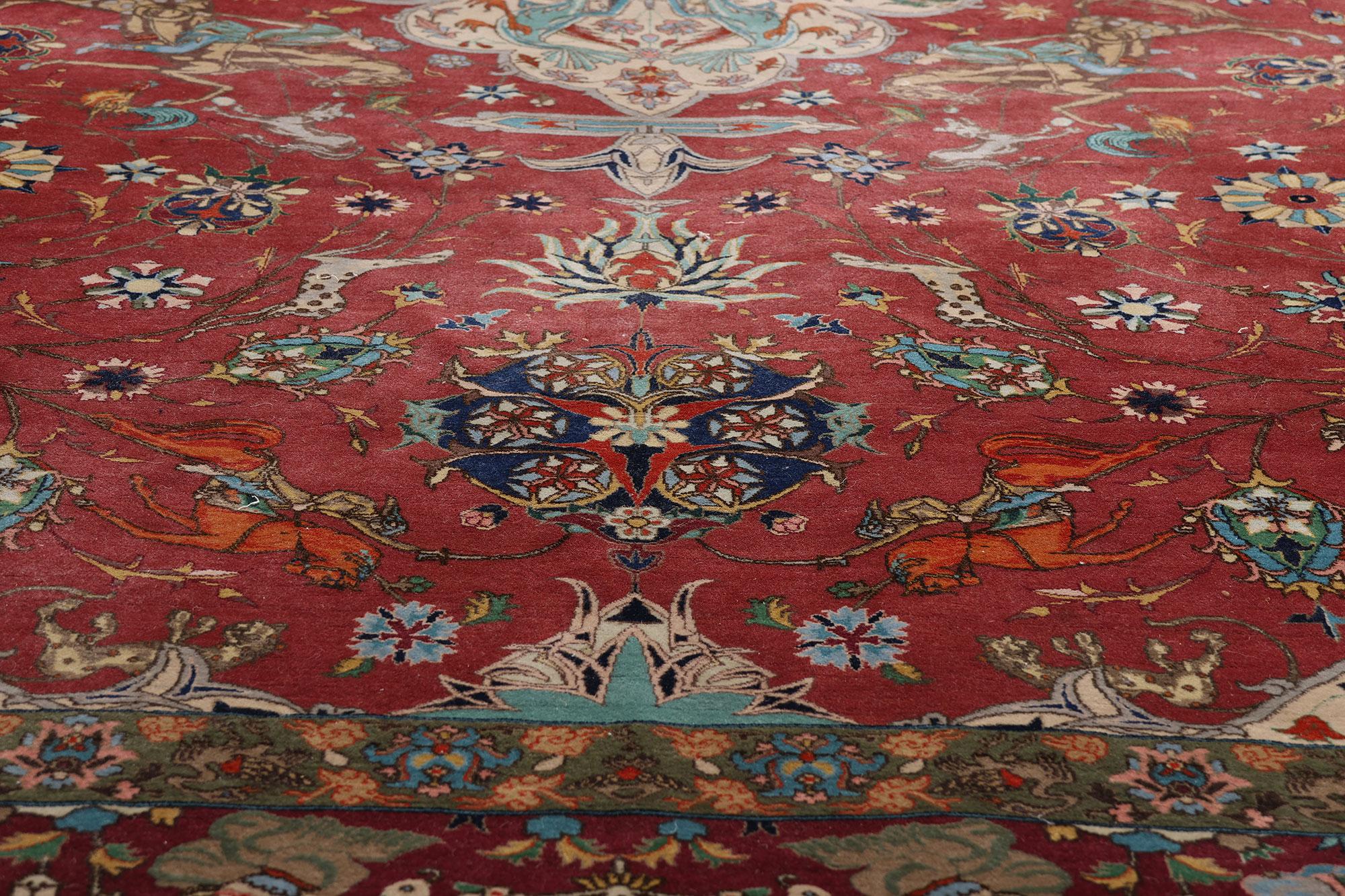 The Royal Pursuit: Rare Signed Vintage Javan Persian Tabriz of Courtly Elegance For Sale 2