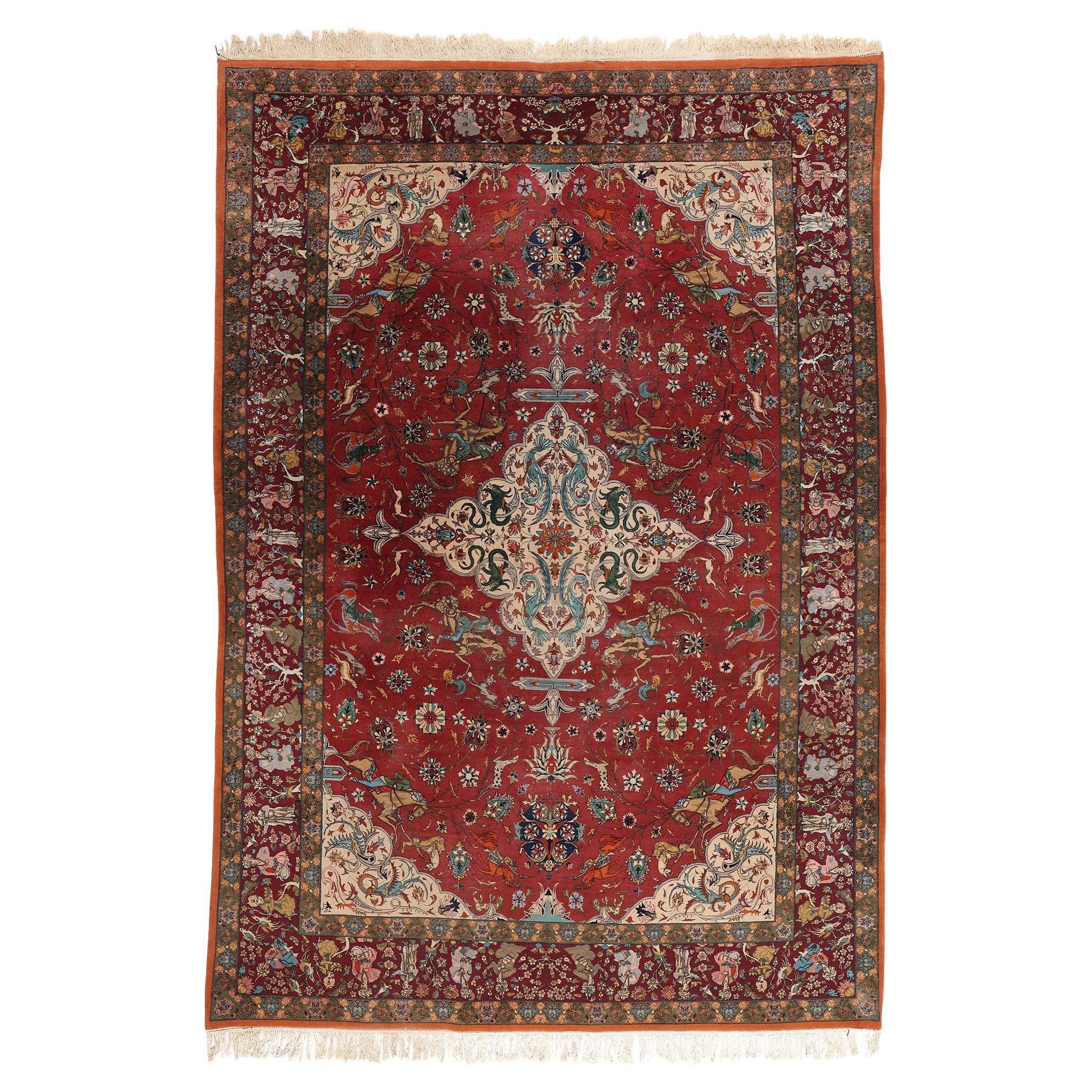 The Royal Pursuit: Rare Signed Vintage Javan Persian Tabriz of Courtly Elegance For Sale