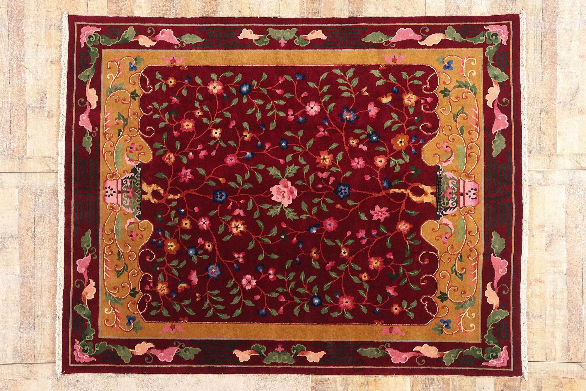 Le jardin de rubis : Tapis chinois Vintage Art of Deco Tree of Life d'une Elegance impériale en vente 2