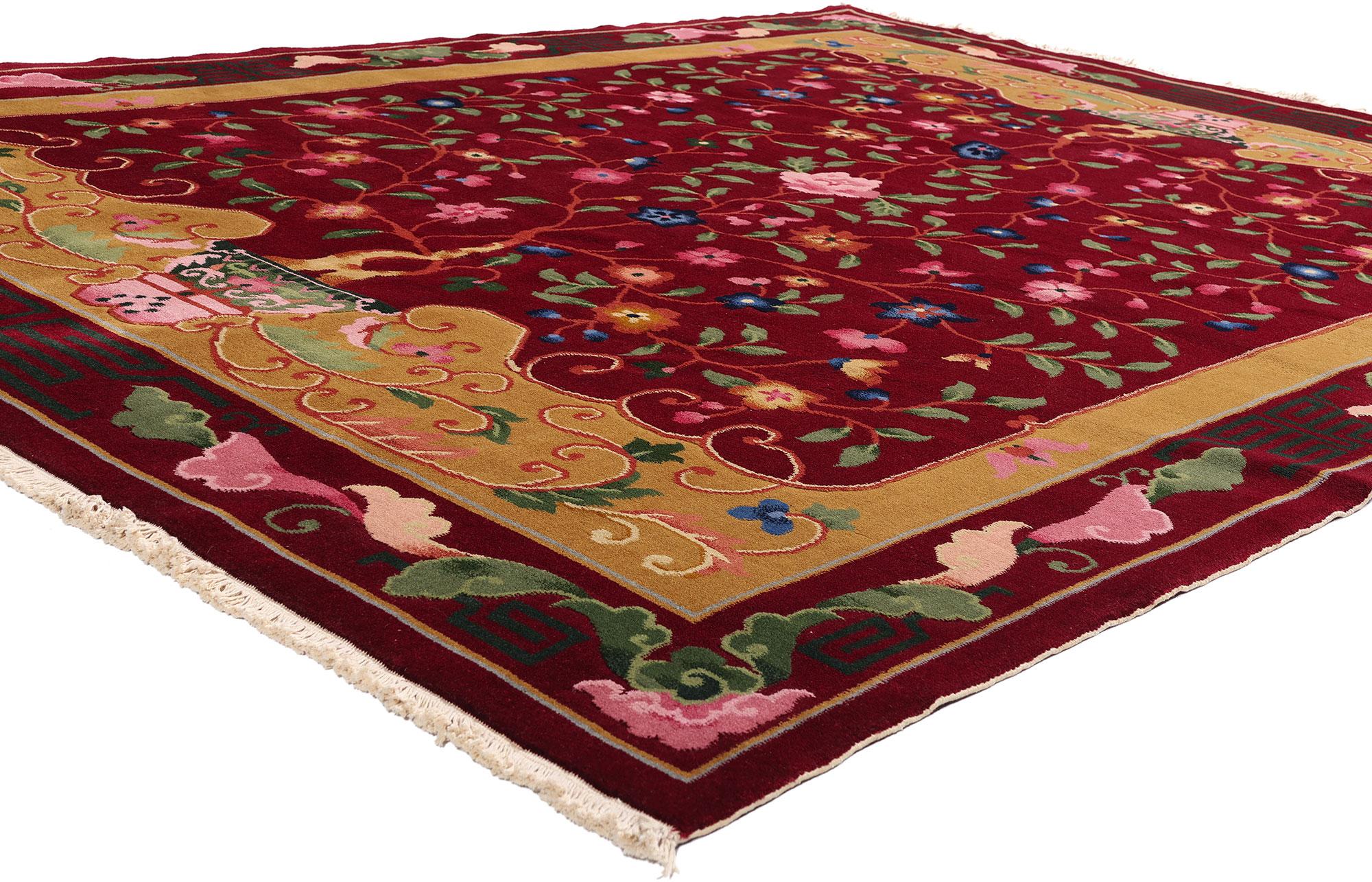 79326 Rare Vintage Chinese Art of Vintage Rug, 07'07 x 09'09. Célébrant le cycle éternel de la vie et l'harmonie sublime entre le ciel et la terre, ce tapis Art of Vintage chinois en laine nouée à la main dévoile un motif exquis d'arbre de vie,