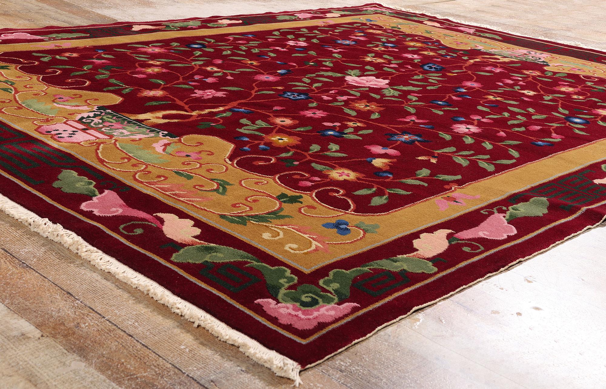 Art déco Le jardin de rubis : Tapis chinois Vintage Art of Deco Tree of Life d'une Elegance impériale en vente