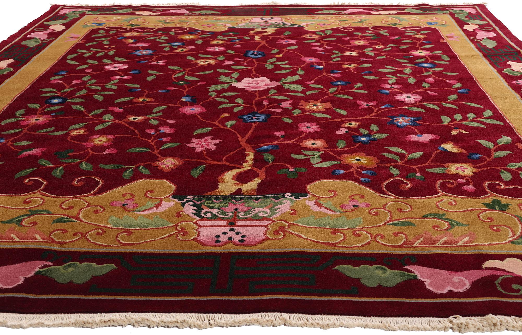 Noué à la main Le jardin de rubis : Tapis chinois Vintage Art of Deco Tree of Life d'une Elegance impériale en vente