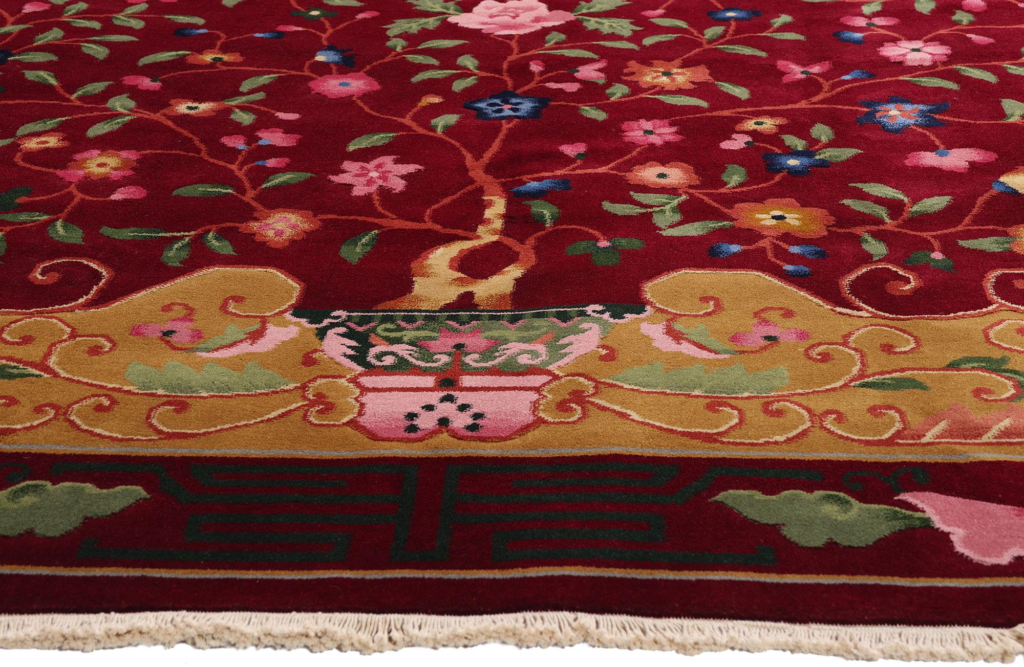 20ième siècle Le jardin de rubis : Tapis chinois Vintage Art of Deco Tree of Life d'une Elegance impériale en vente