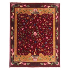 The Ruby Garden: Vintage Chinese Art Deco Tree of Life Rug of Imperial Elegance