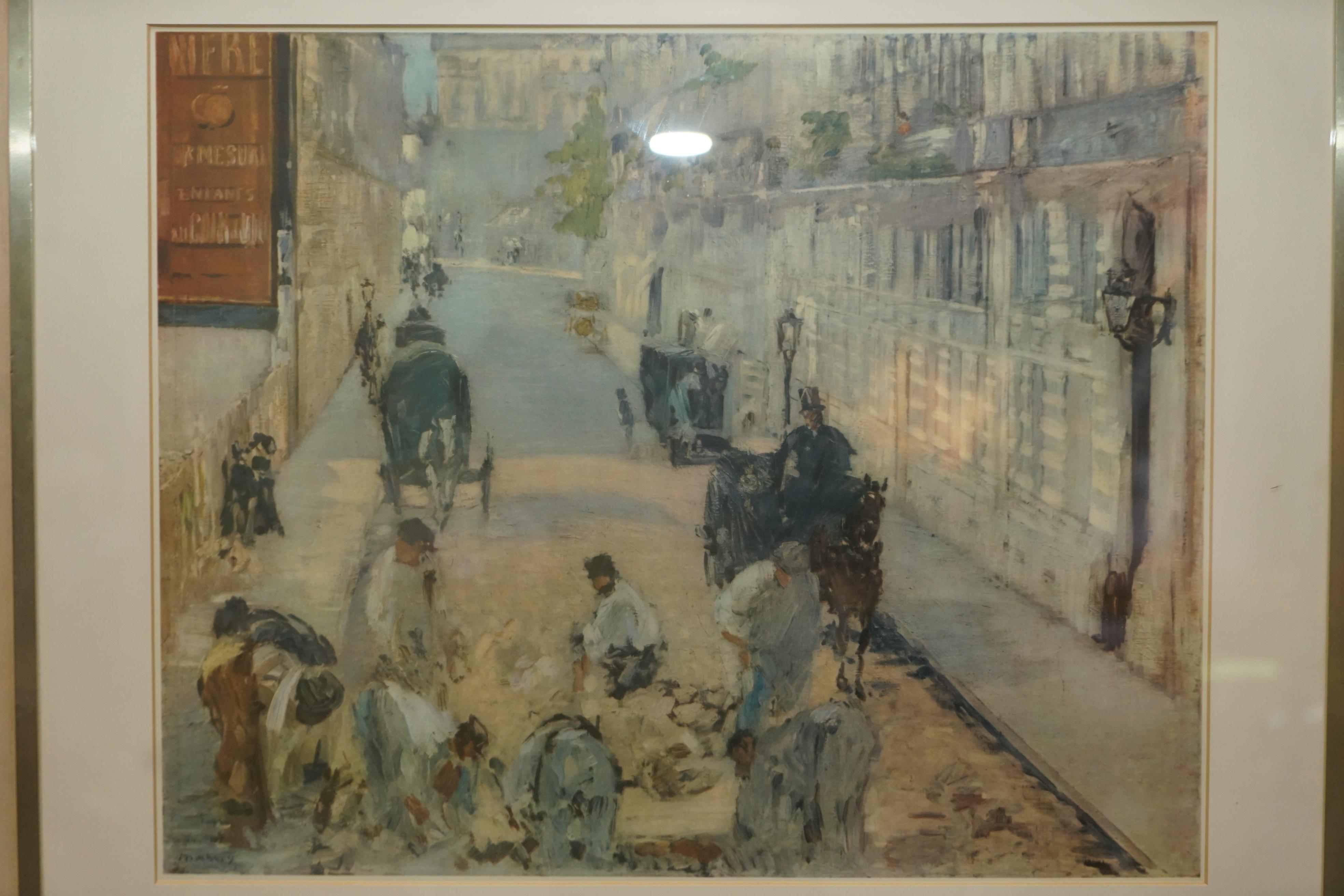 20th Century Rue Mosnier with Pavers Edouard Manet Print in Gallery Stamped Frame For Sale