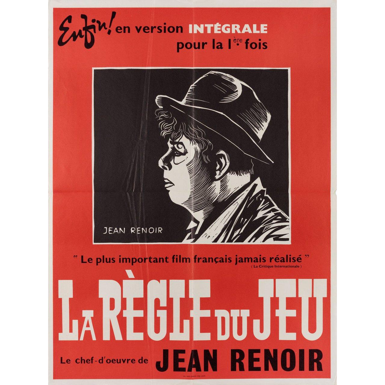 Original 1950s re-release French moyenne poster by Jean Renoir for the 1939 film The Rules of the Game (La Regle du Jeu) directed by Jean Renoir with Nora Gregor / Paulette Dubost / Mila Parely / Odette Talazac. Very Good condition, folded with