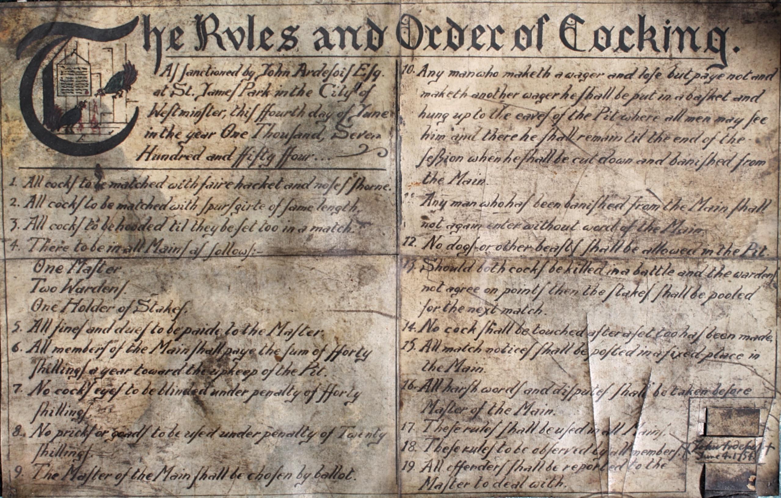 The Rules & Order of Cockfighting On Parchment With Seal Dated 1757 Curio  For Sale 6