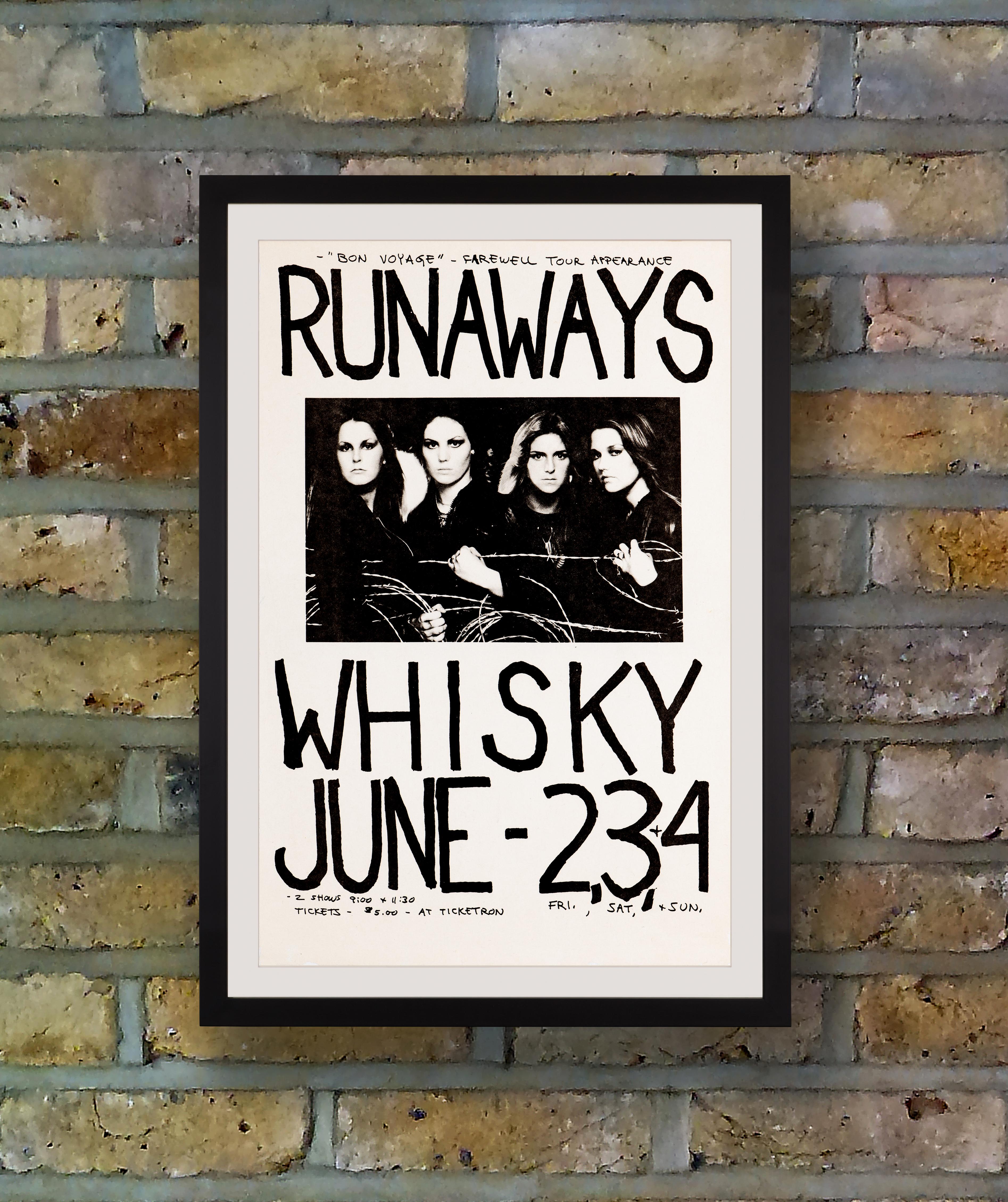 A simple black and white boxing-style poster for a series of performances by all-female American rock band the Runaways at Los Angeles' famous Whisky-A-Go-Go nightclub on the Sunset Strip from Friday 2nd to Sunday 4th June 1978. Originally