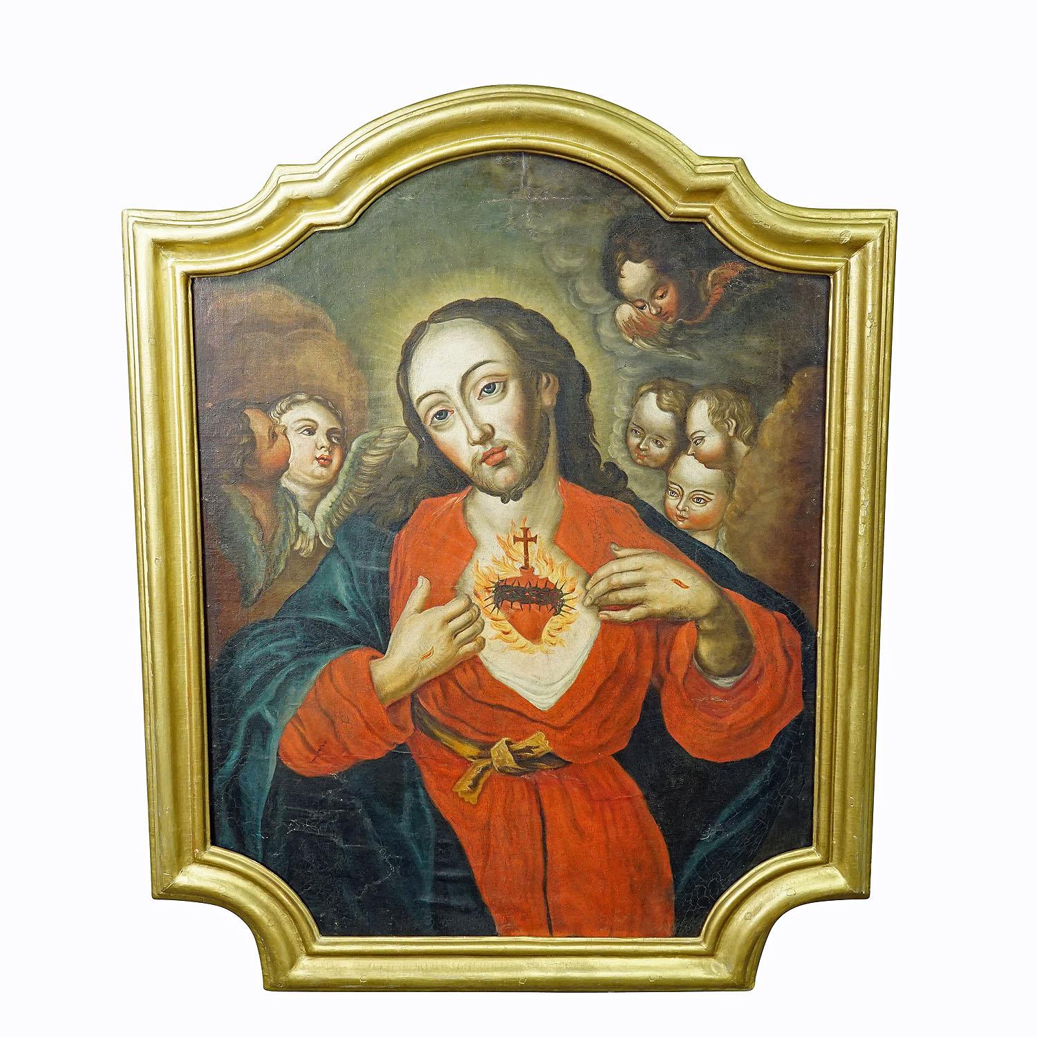 Das Heilige Herz Jesu, Ölgemälde auf Leinwand 18. Jahrhundert

Ein antikes Ölgemälde, das das heilige Herz Jesu darstellt. Öl auf Leinwand mit Pastellfarben. Die Symbolik der Darstellung besteht darin, dass das durchbohrte Herz des Gekreuzigten die