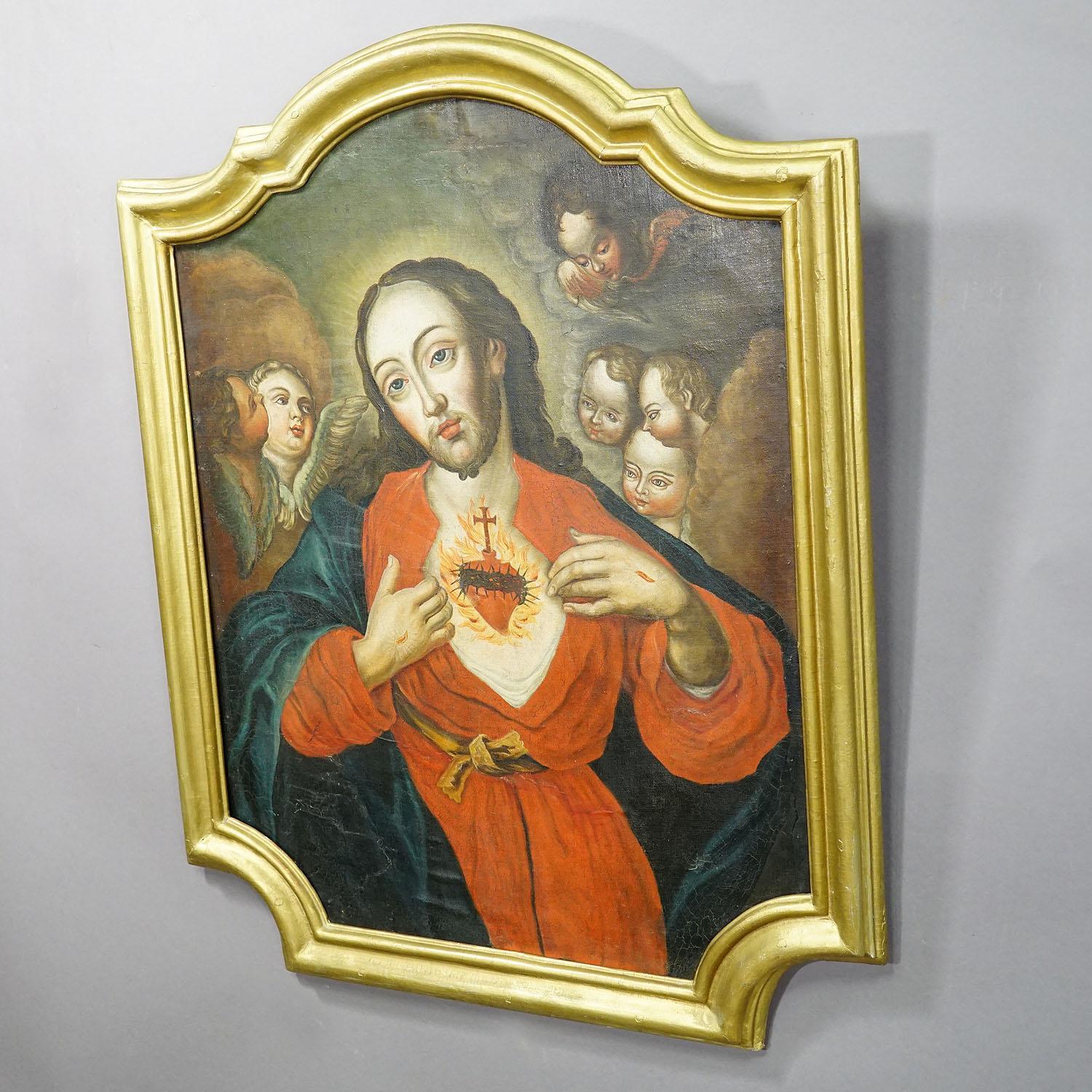Allemand Le Sacré-Cœur de Jésus, peinture à l'huile sur toile 18e siècle en vente