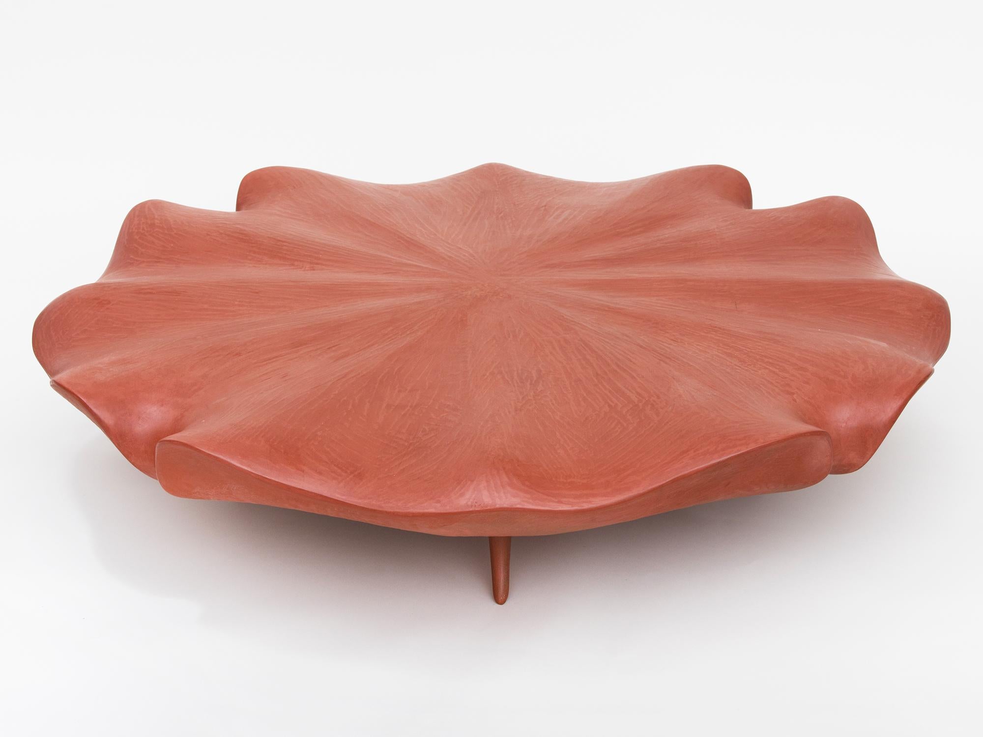 Hand-carved tulipwood and milk paint sculpture and table based on details from traditional Windsor furniture by Hudson Valley-based artist Christopher Kurtz. Named after the carving process called “saddling”, which is the hollowing out of the