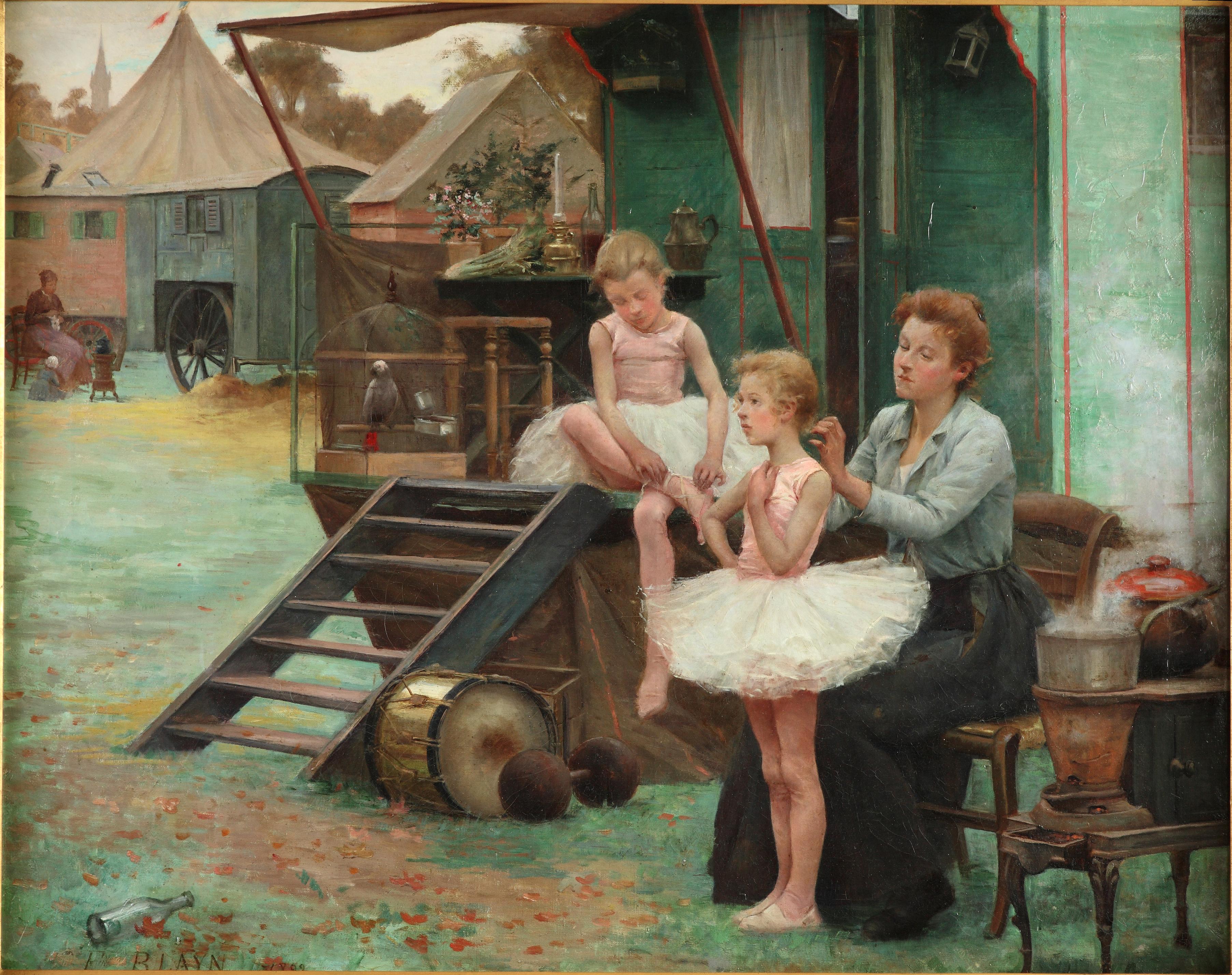 Signé et daté F. Blayn, 1892

Tableau exposé sous le n°127 au Salon des Artistes français de 1892

Scène de genre présentant une mère devant sa roulotte préparant ses deux filles au cirque de la foire de Saint-Cloud.

Tout au long des 18e et